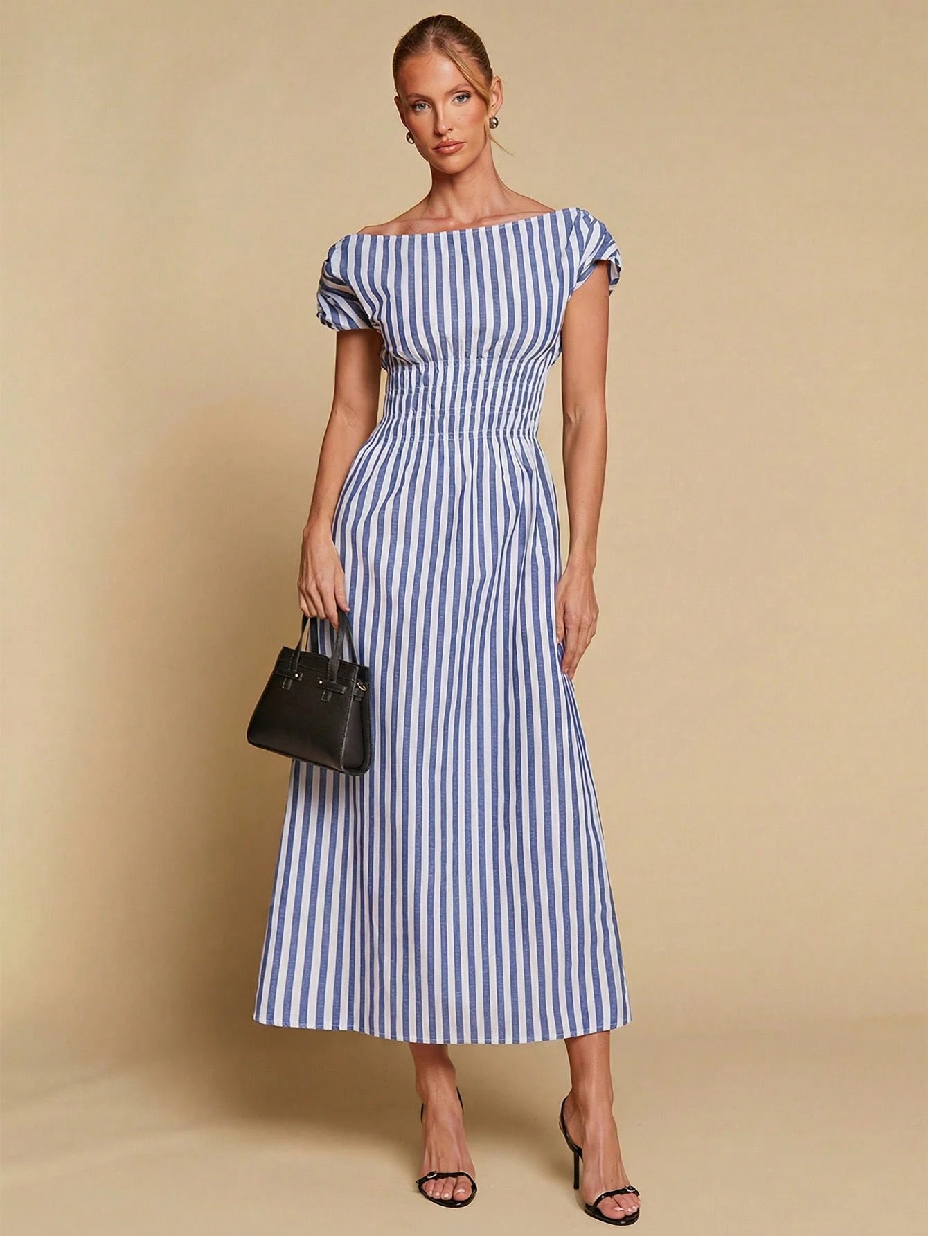 COSMINA Women's Elegant Striped Off Shoulder Cinched Waist Long Dress, Versatile For Commute And Everyday - image 7