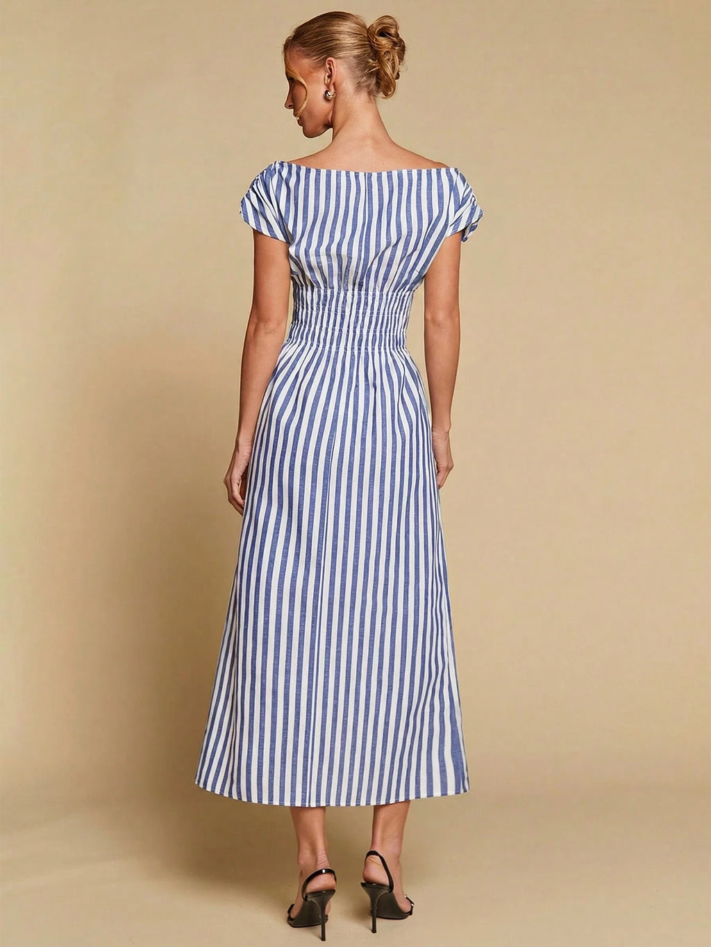 COSMINA Women's Elegant Striped Off Shoulder Cinched Waist Long