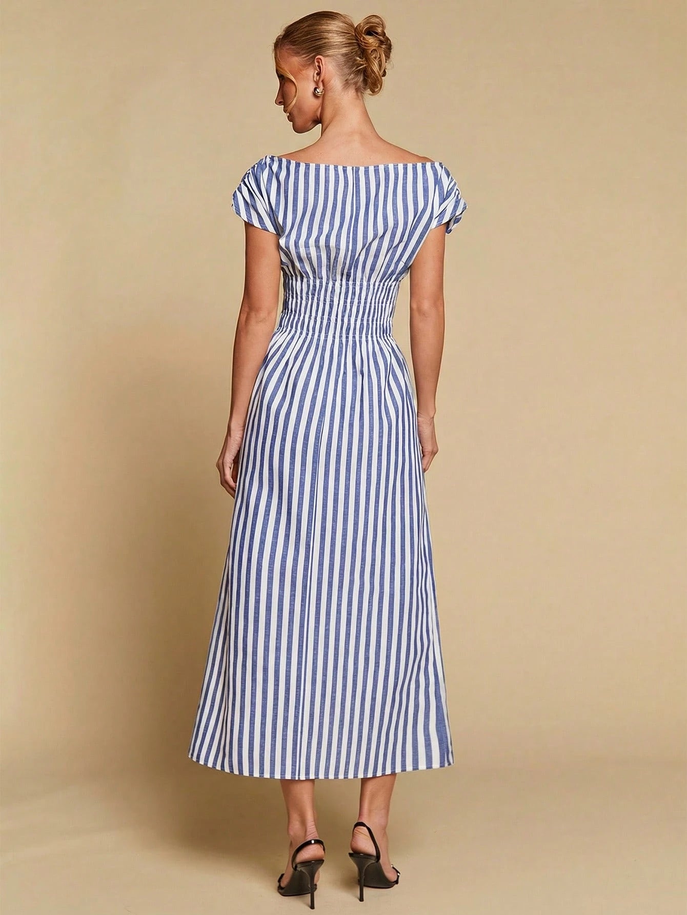 COSMINA Women's Elegant Striped Off Shoulder Cinched Waist Long