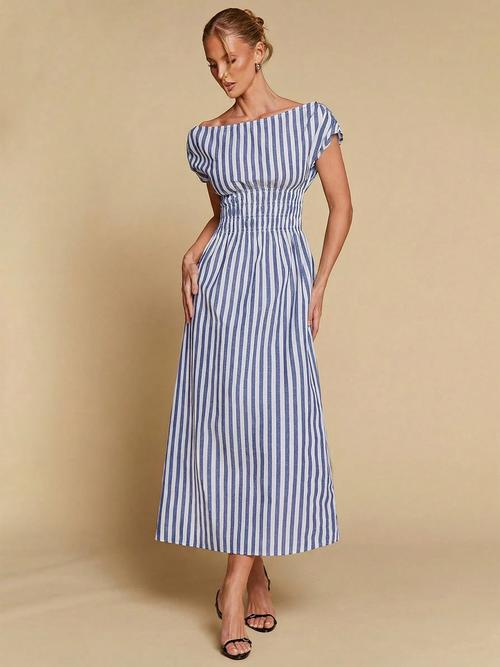 COSMINA Women's Elegant Striped Off Shoulder Cinched Waist Long