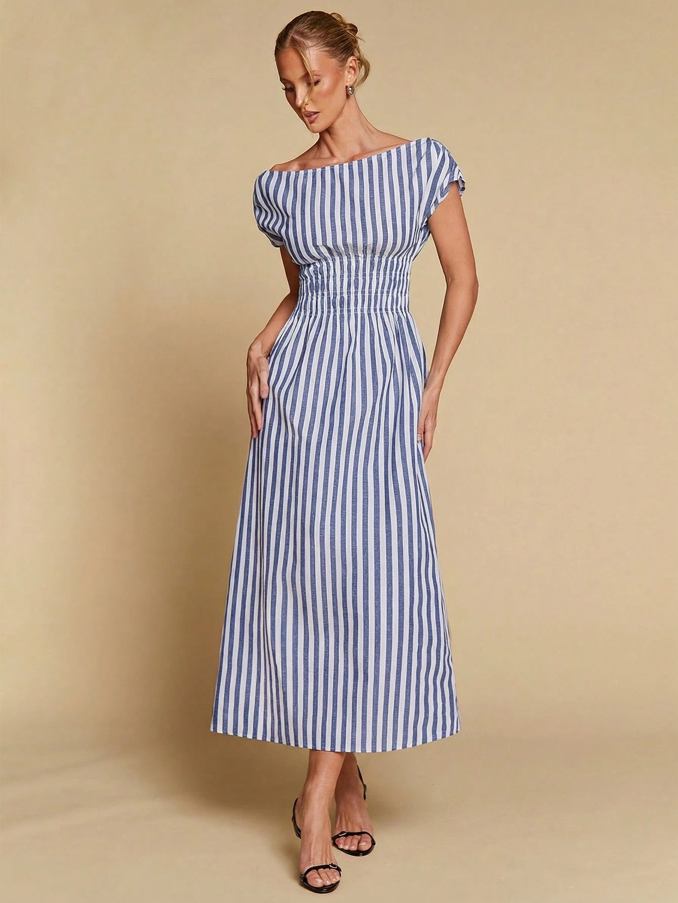 COSMINA Women's Elegant Striped Off Shoulder Cinched Waist Long