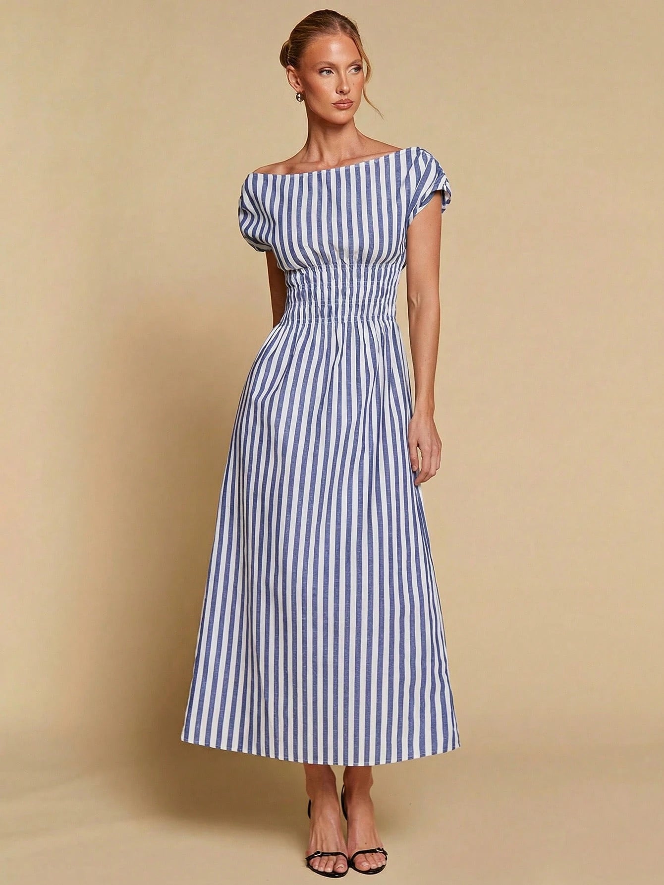 COSMINA Women's Elegant Striped Off Shoulder Cinched Waist Long