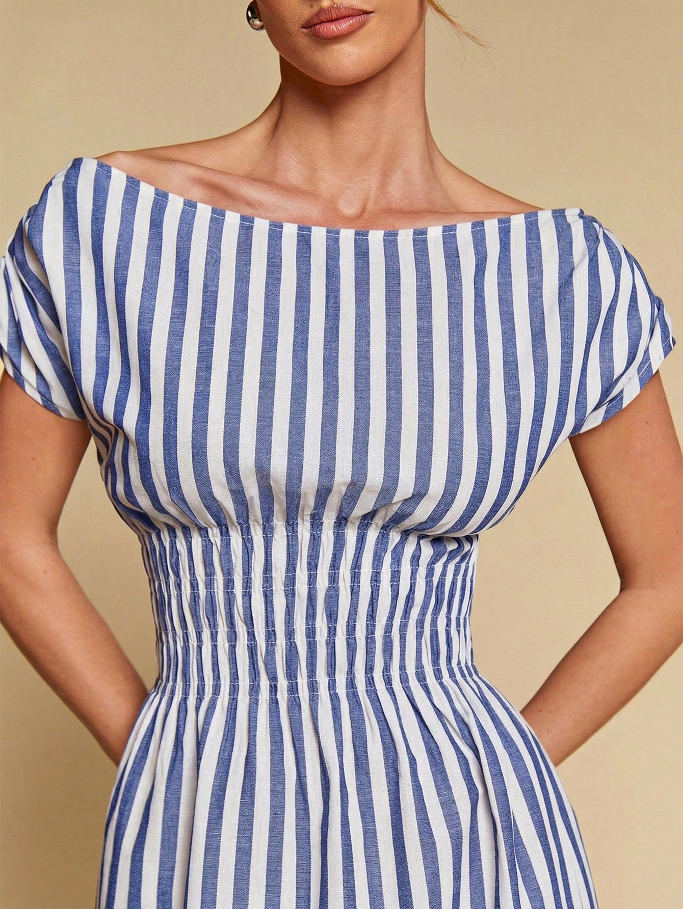 COSMINA Women's Elegant Striped Off Shoulder Cinched Waist Long