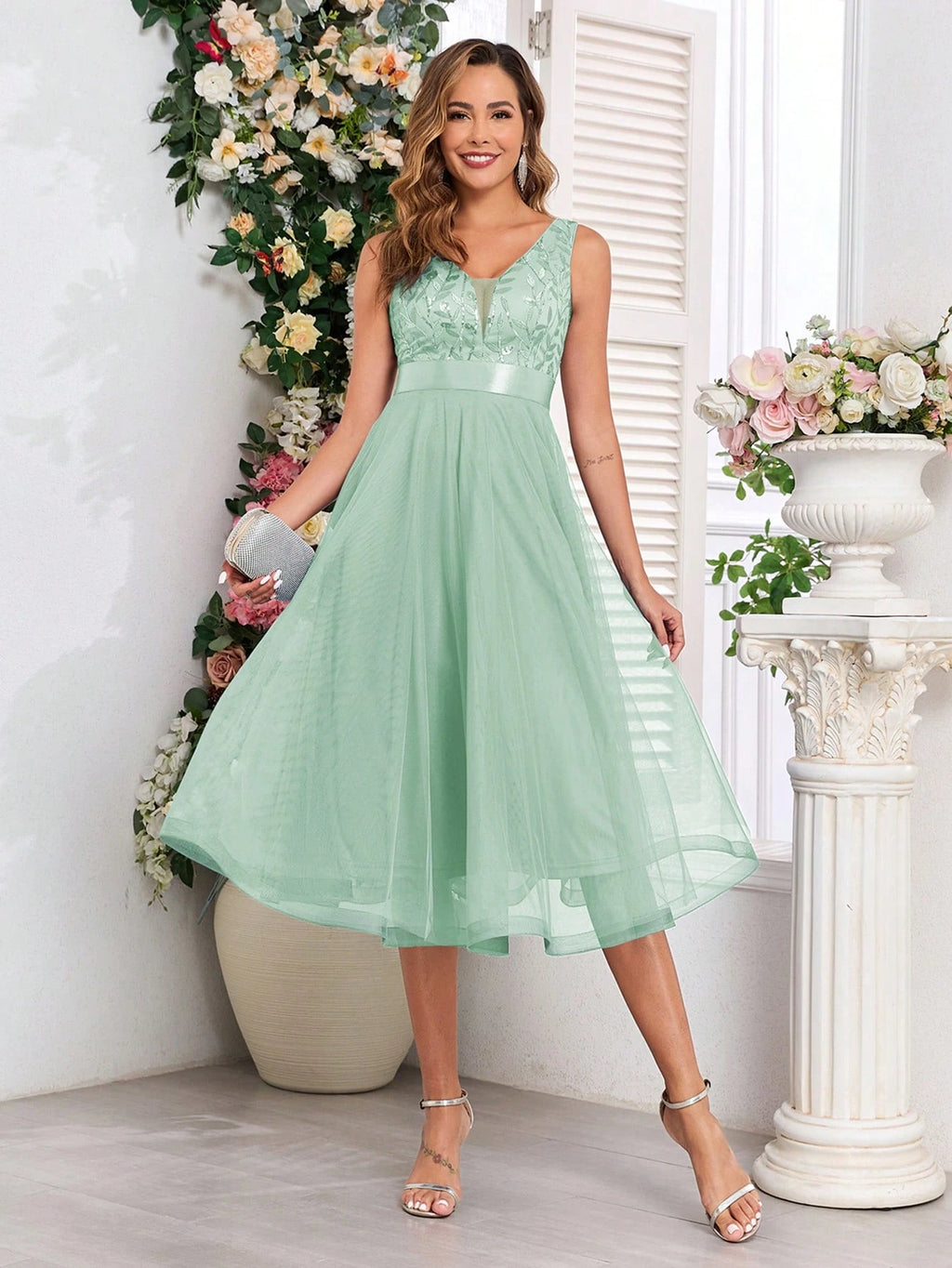 XUCTHHC Elegant V-Neck Sleeveless Sequin Embroidery & Mesh A-Line Bridesmaid Dress Wedding - image 14