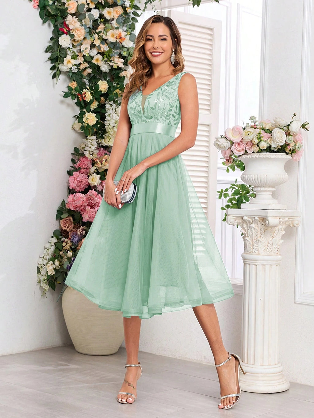 XUCTHHC Elegant V-Neck Sleeveless Sequin Embroidery & Mesh A-Line Bridesmaid Dress Wedding - image 15