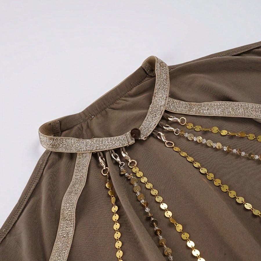 Nightclub Party Style Backless Dress With Metallic Chain Details, Loose Batwing Long Sleeves, Featuring Sexy - image 4