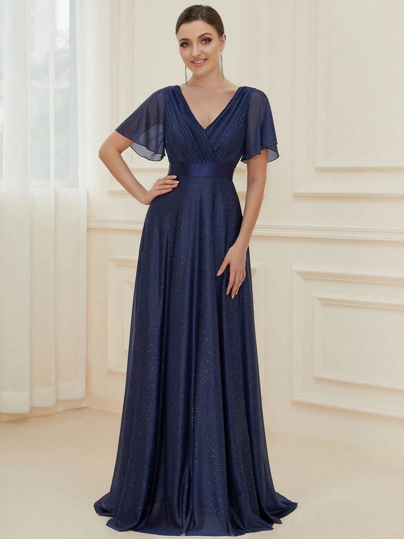 EVERPRETTY Elegant V-Neck Ruffle Sequin Bridesmaid Dress, Formal