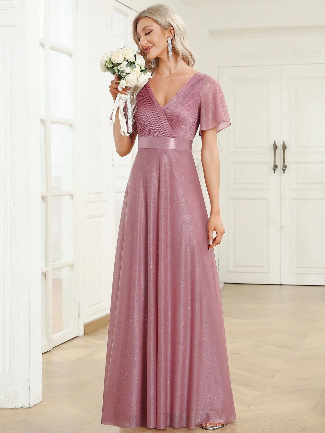 EVERPRETTY Elegant V-Neck Ruffle Sequin Bridesmaid Dress, Formal