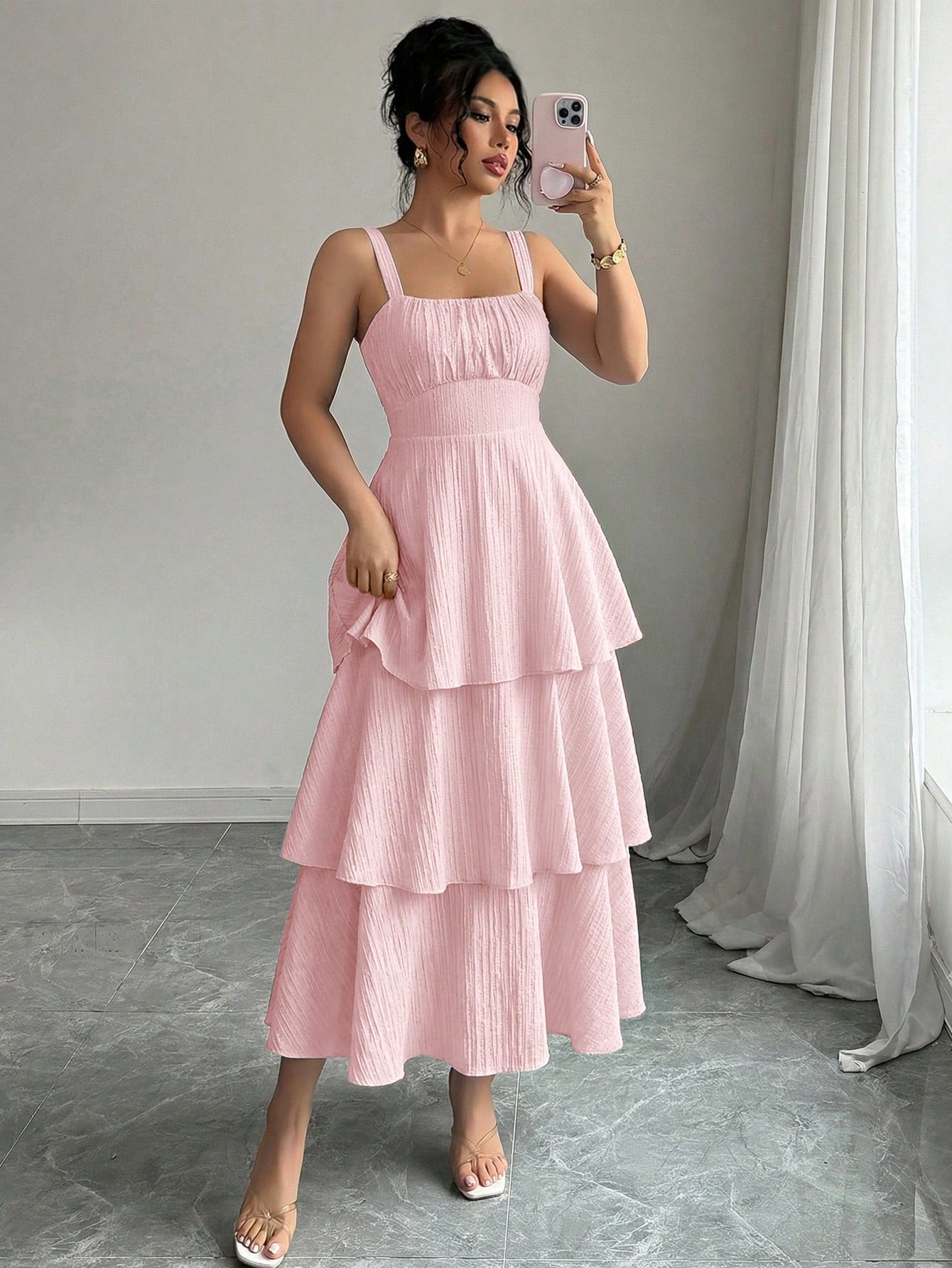 Elenzga Women's Elegant Sleeveless Layered Ruffle Dress, Textured Fabric, Suitable For Beach Dates, - image 3