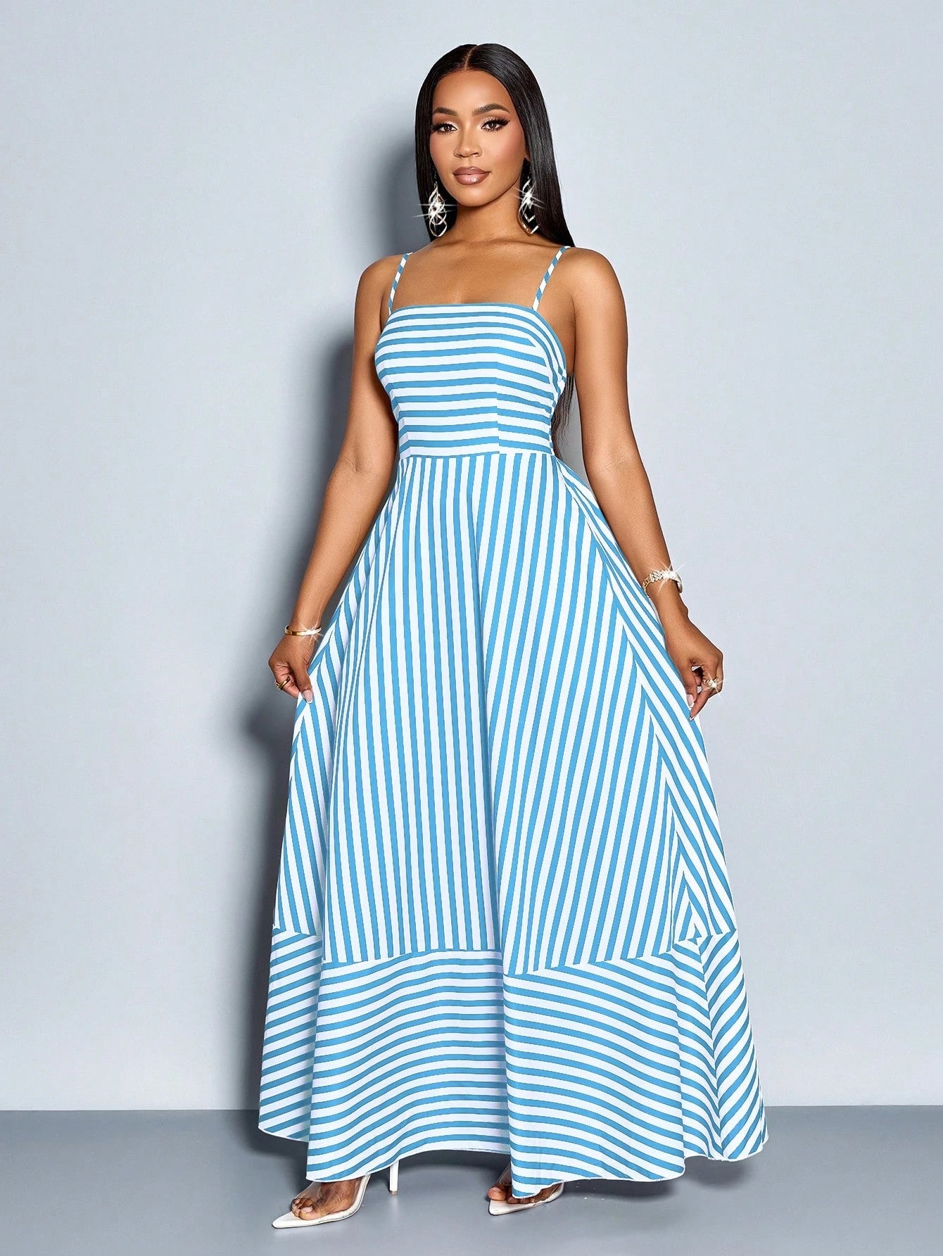 SOLERSUN Women's Flowing Striped Maxi Dress With Shoulder