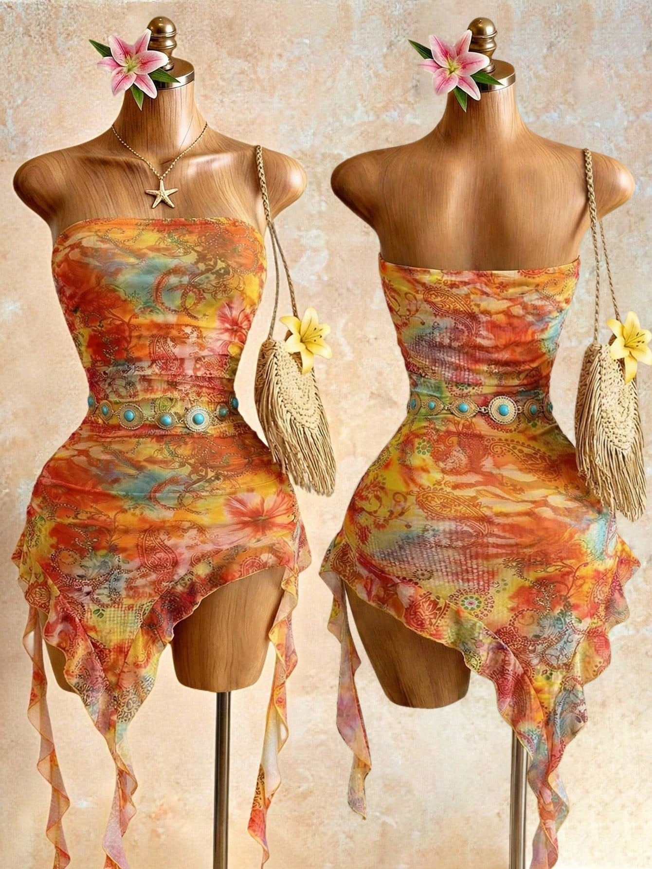 Swim SXY Women's Vacation Cashew Floral Print Patchwork Ruffle Asymmetric Hem Fitted Sexy Bandeau - image 3