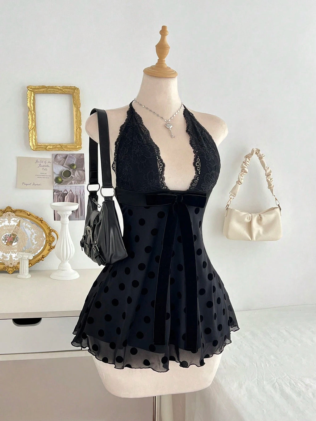Flirla Women's Black Polka Dot Lace Patchwork Sexy V-Neck Fitted Mini