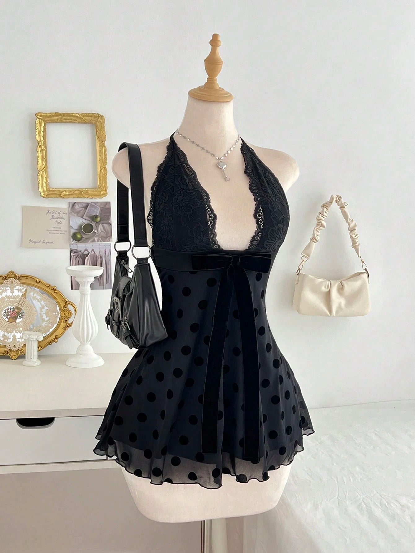 Flirla Women's Black Polka Dot Lace Patchwork Sexy V-Neck Fitted Mini