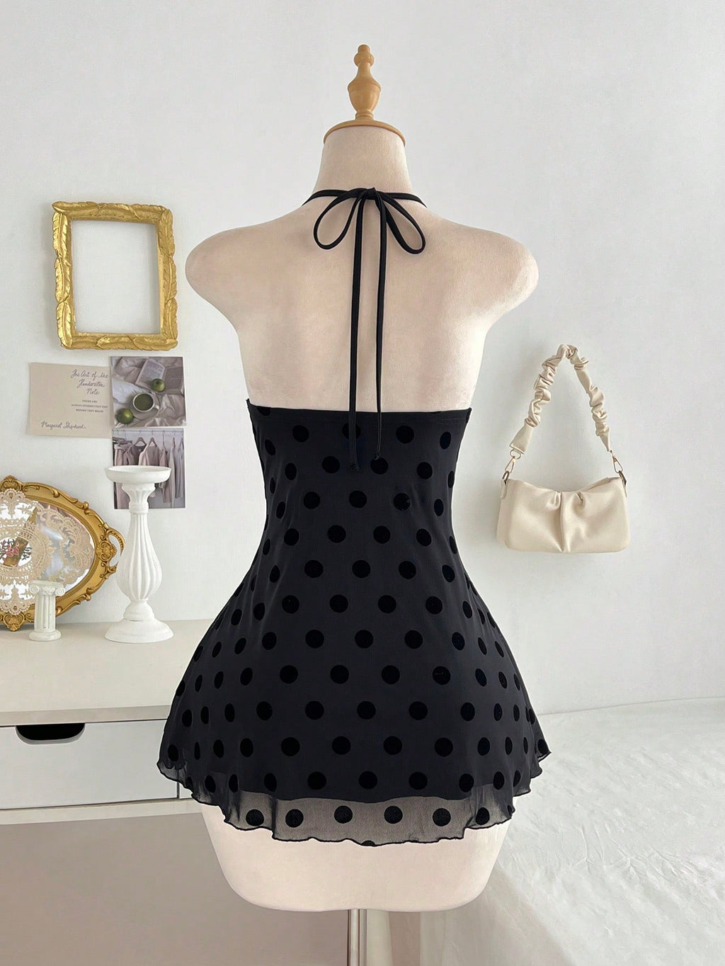Flirla Women's Black Polka Dot Lace Patchwork Sexy V-Neck Fitted Mini