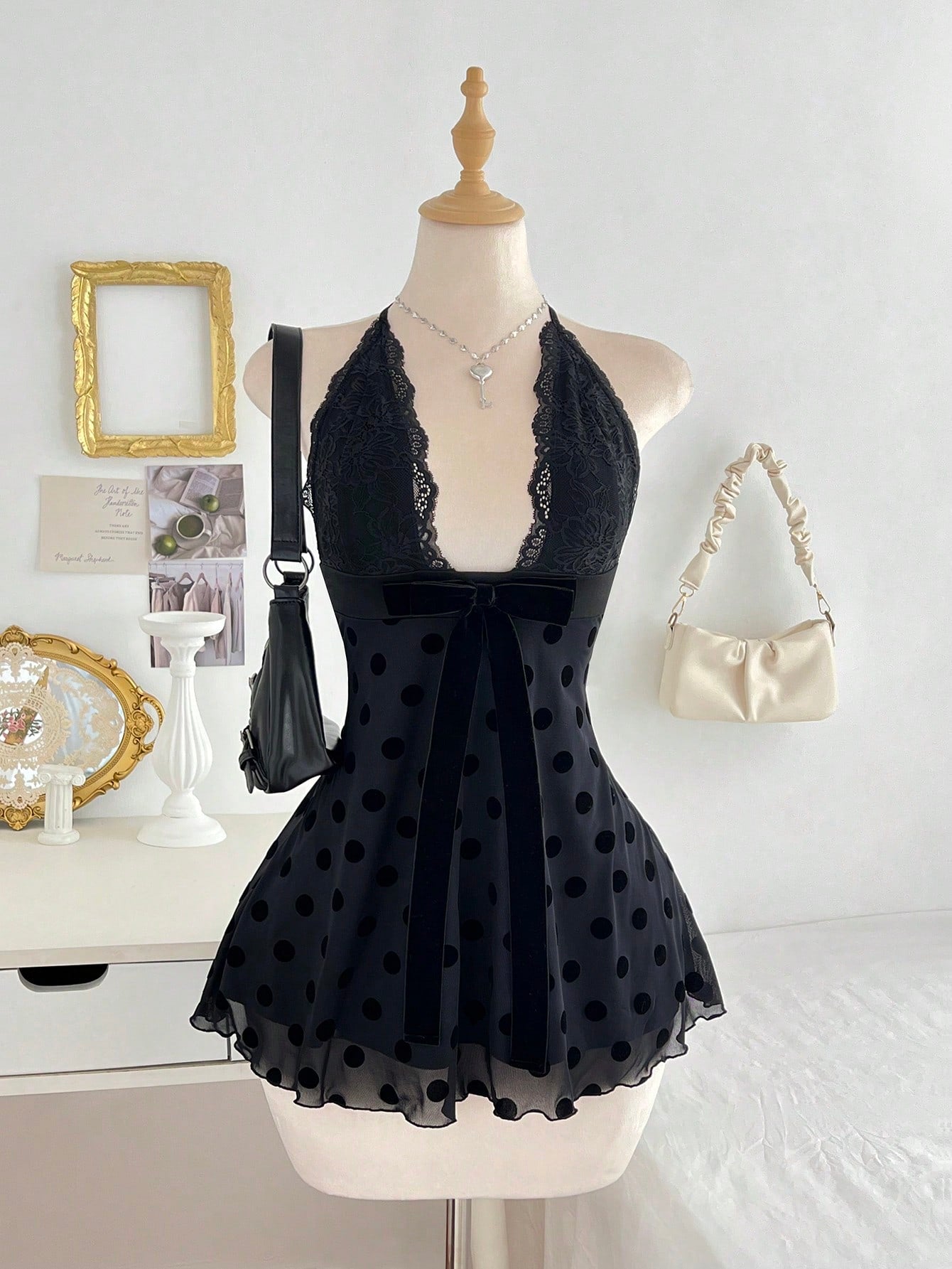 Flirla Women's Black Polka Dot Lace Patchwork Sexy V-Neck Fitted Mini