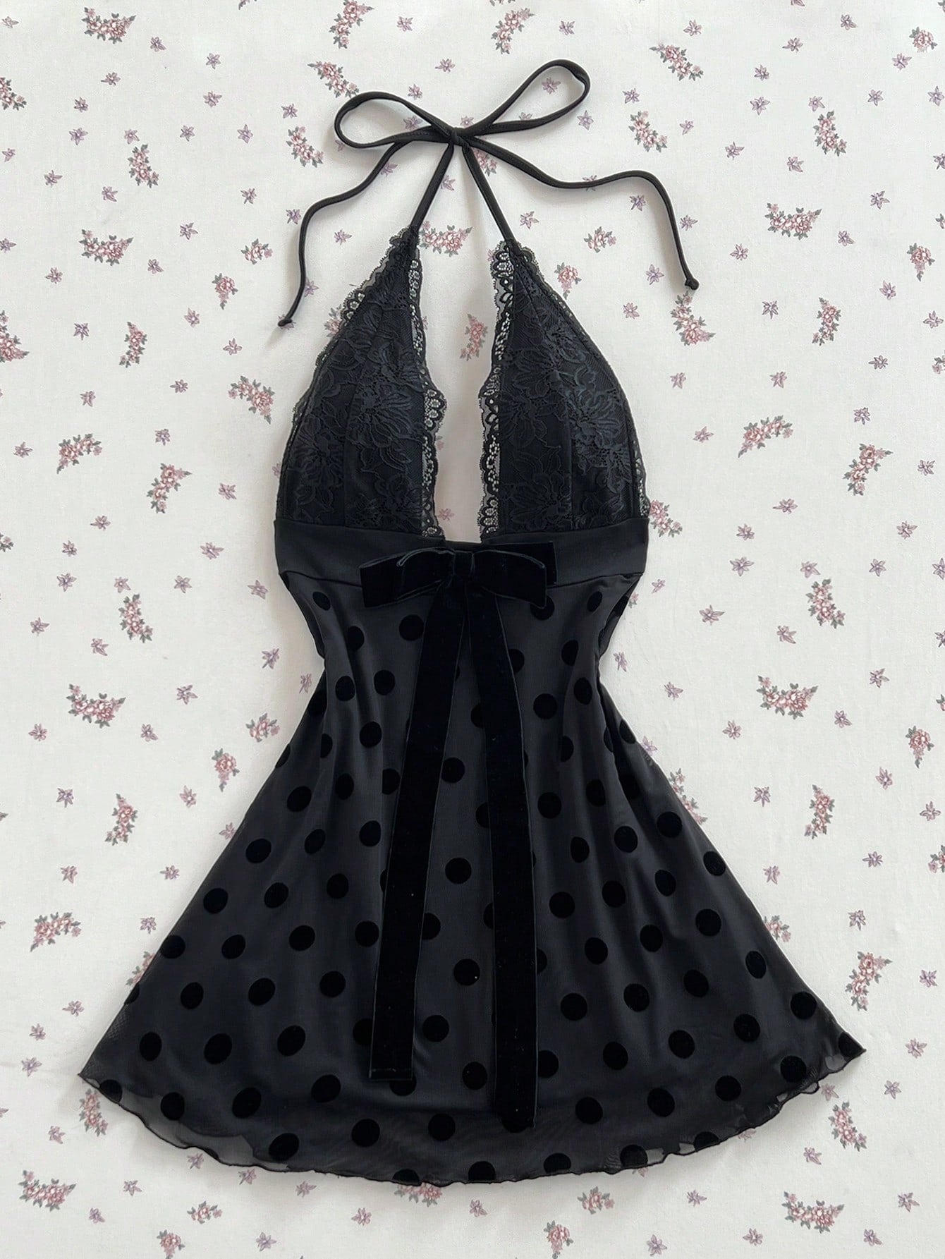 Flirla Women's Black Polka Dot Lace Patchwork Sexy V-Neck Fitted Mini