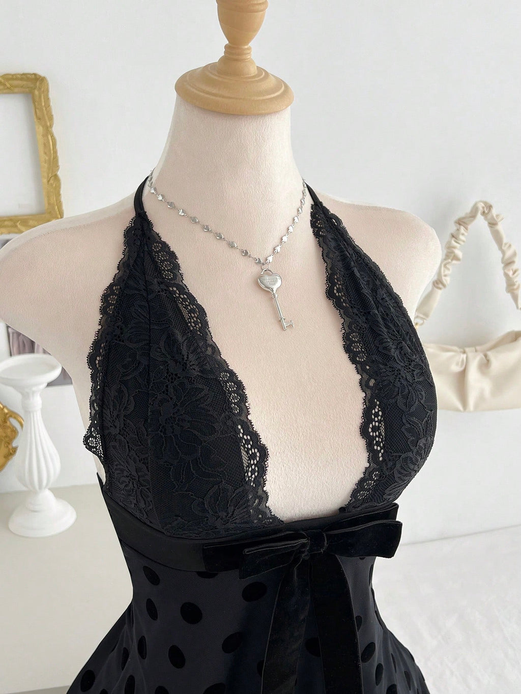 Flirla Women's Black Polka Dot Lace Patchwork Sexy V-Neck Fitted Mini