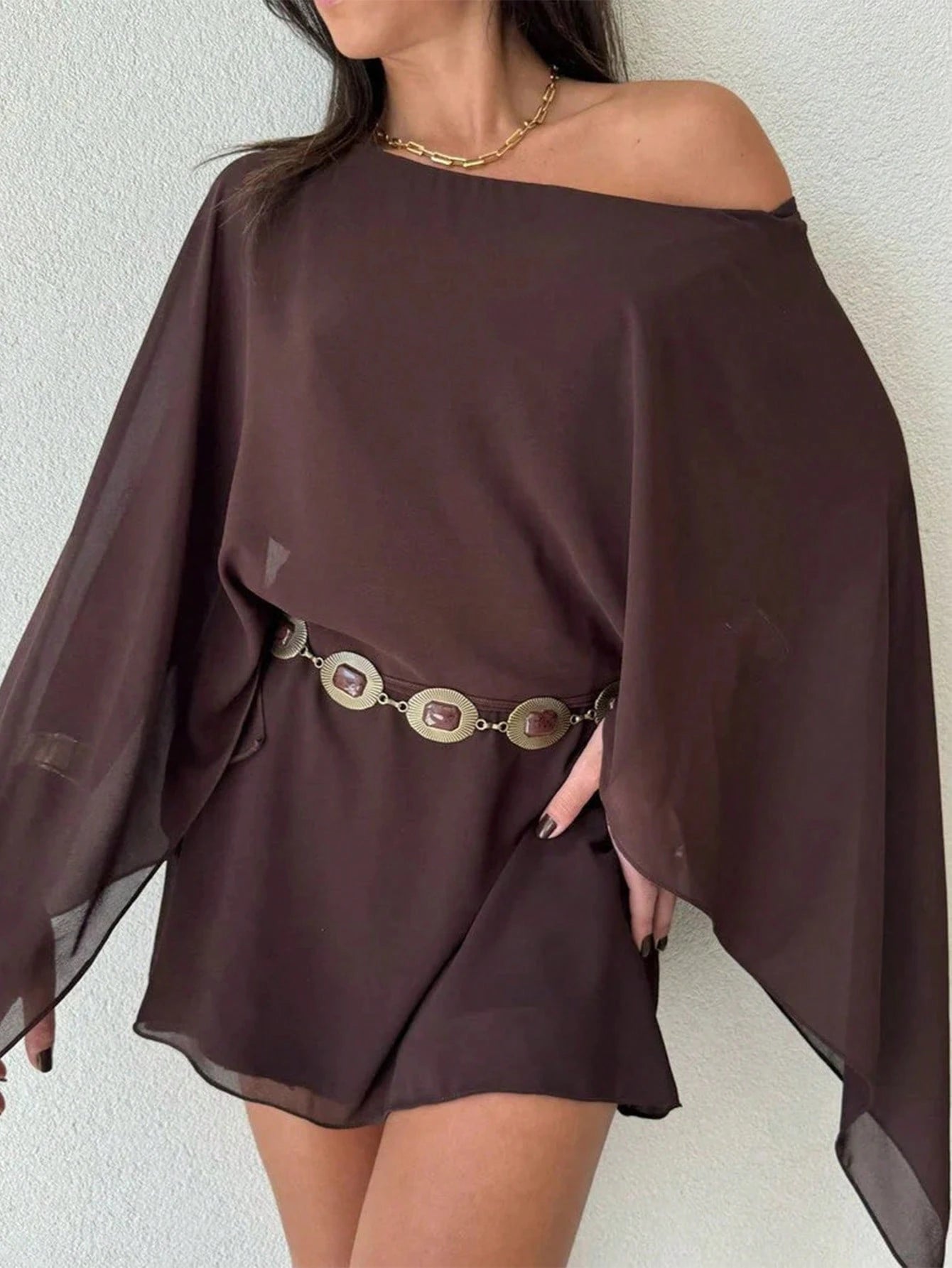 Firerie Women's Dark Brown Chiffon Mini Dress, Summer Boho Music Festival Vacation Clothing,Elegant - image 2