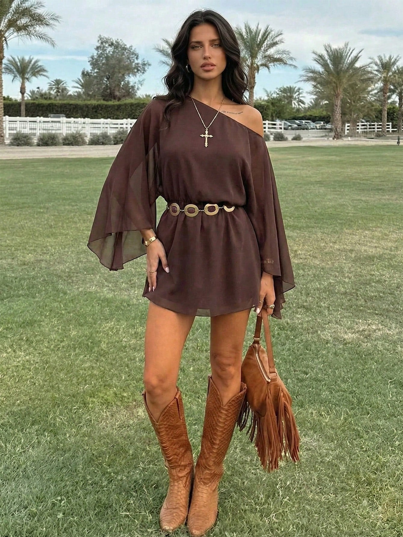 Firerie Women's Dark Brown Chiffon Mini Dress, Summer Boho Music