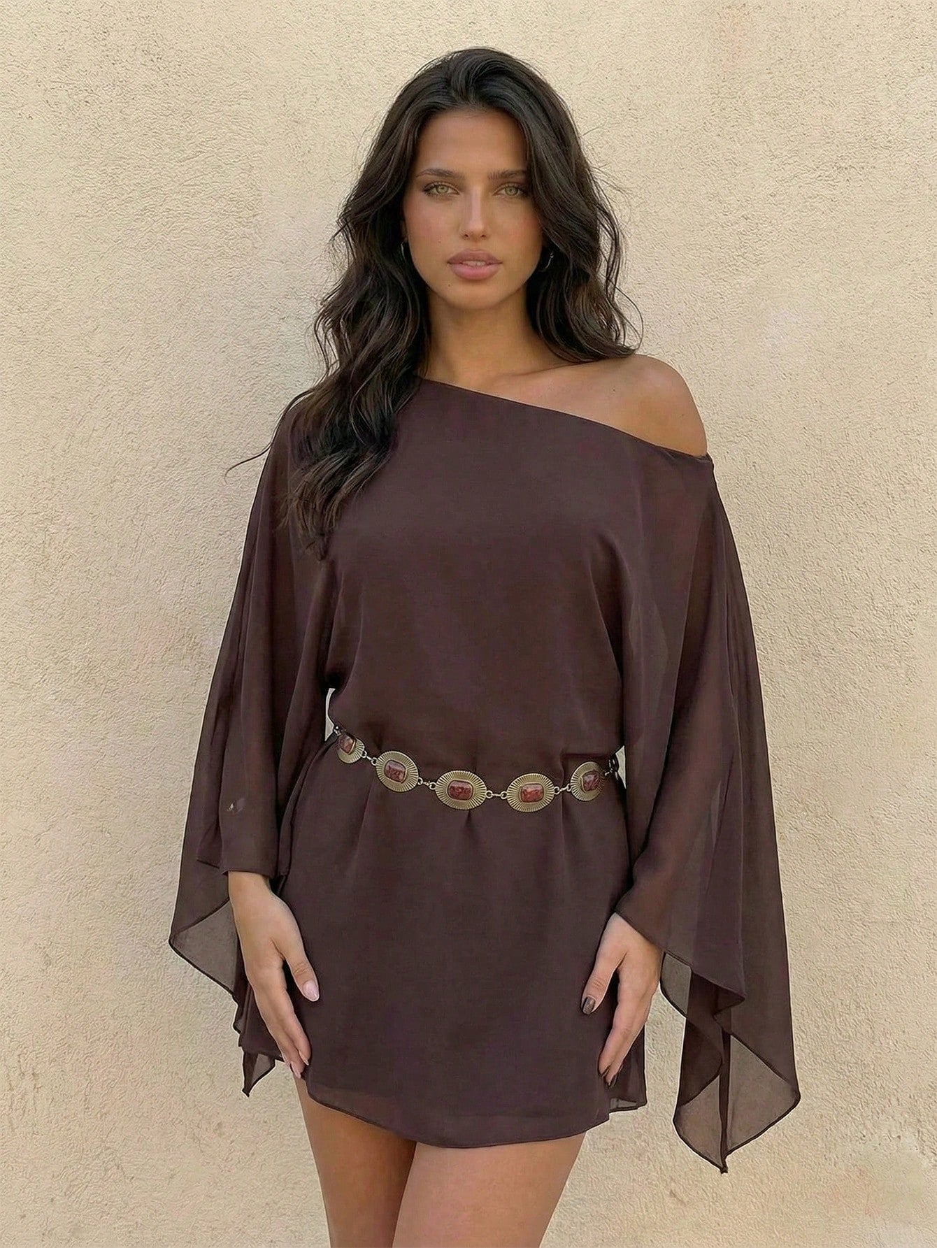 Firerie Women's Dark Brown Chiffon Mini Dress, Summer Boho Music