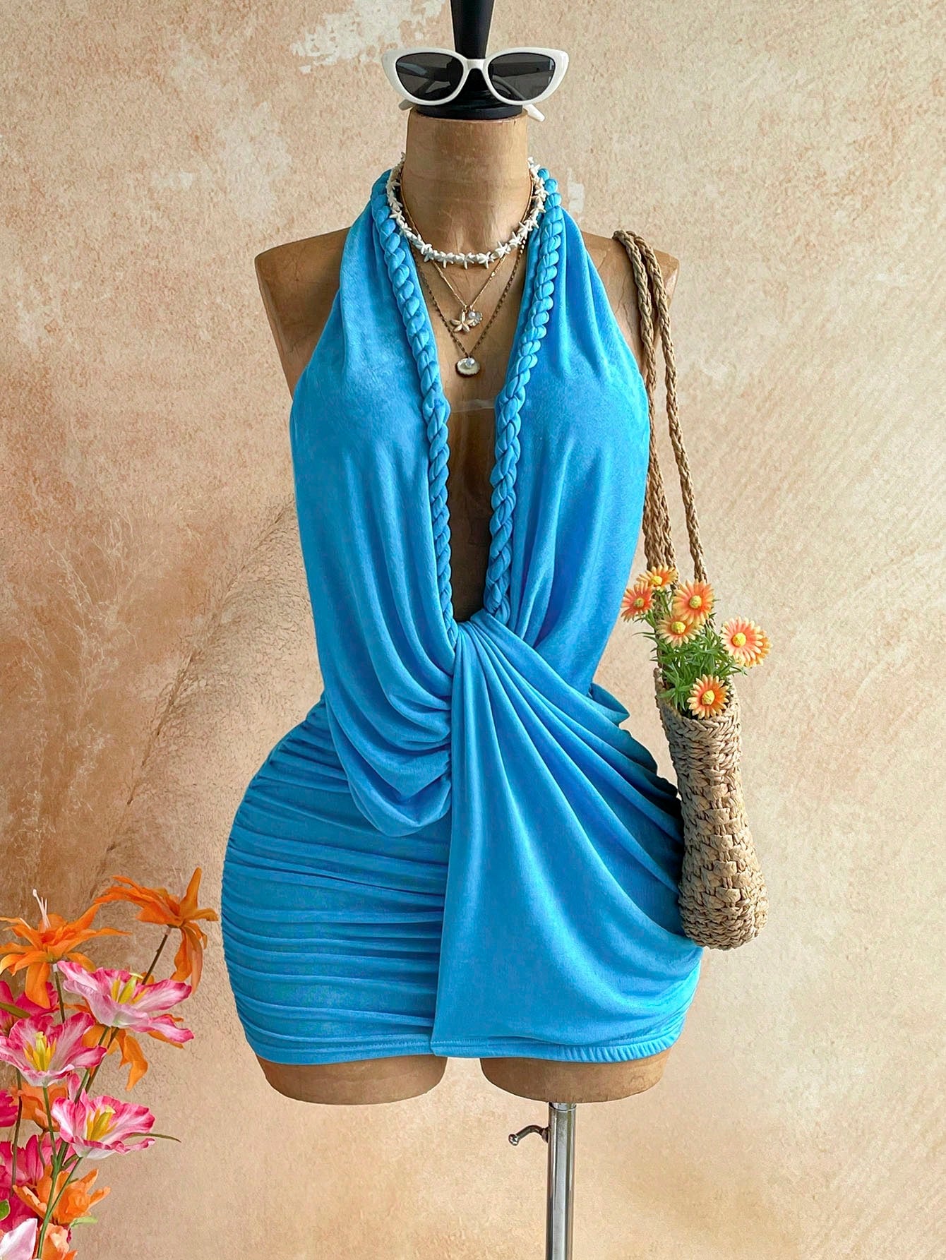 Soleia Women's Floral Print Deep V Neck Ruched Sexy Halter Mini