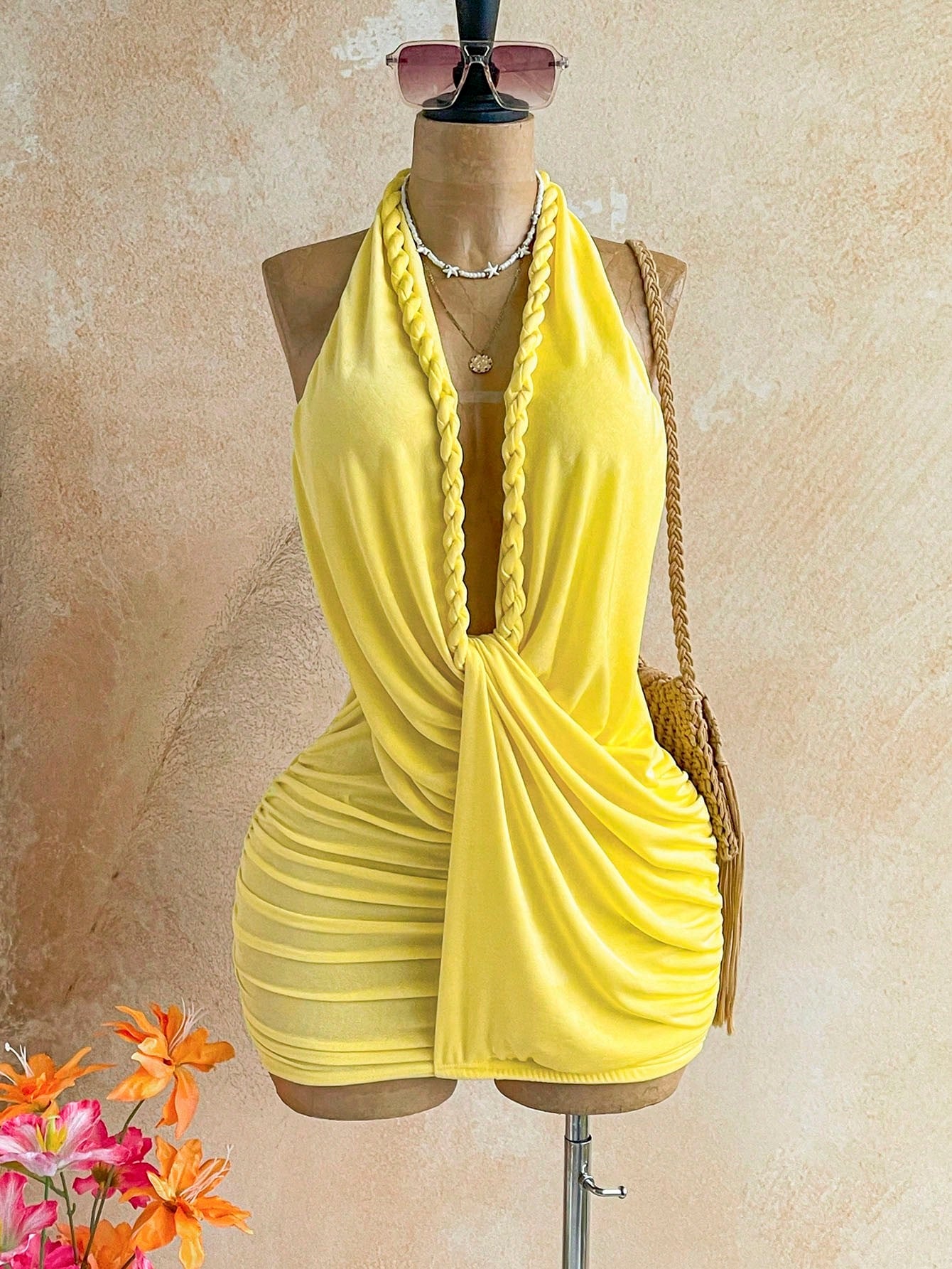 Soleia Women's Floral Print Deep V Neck Ruched Sexy Halter Mini