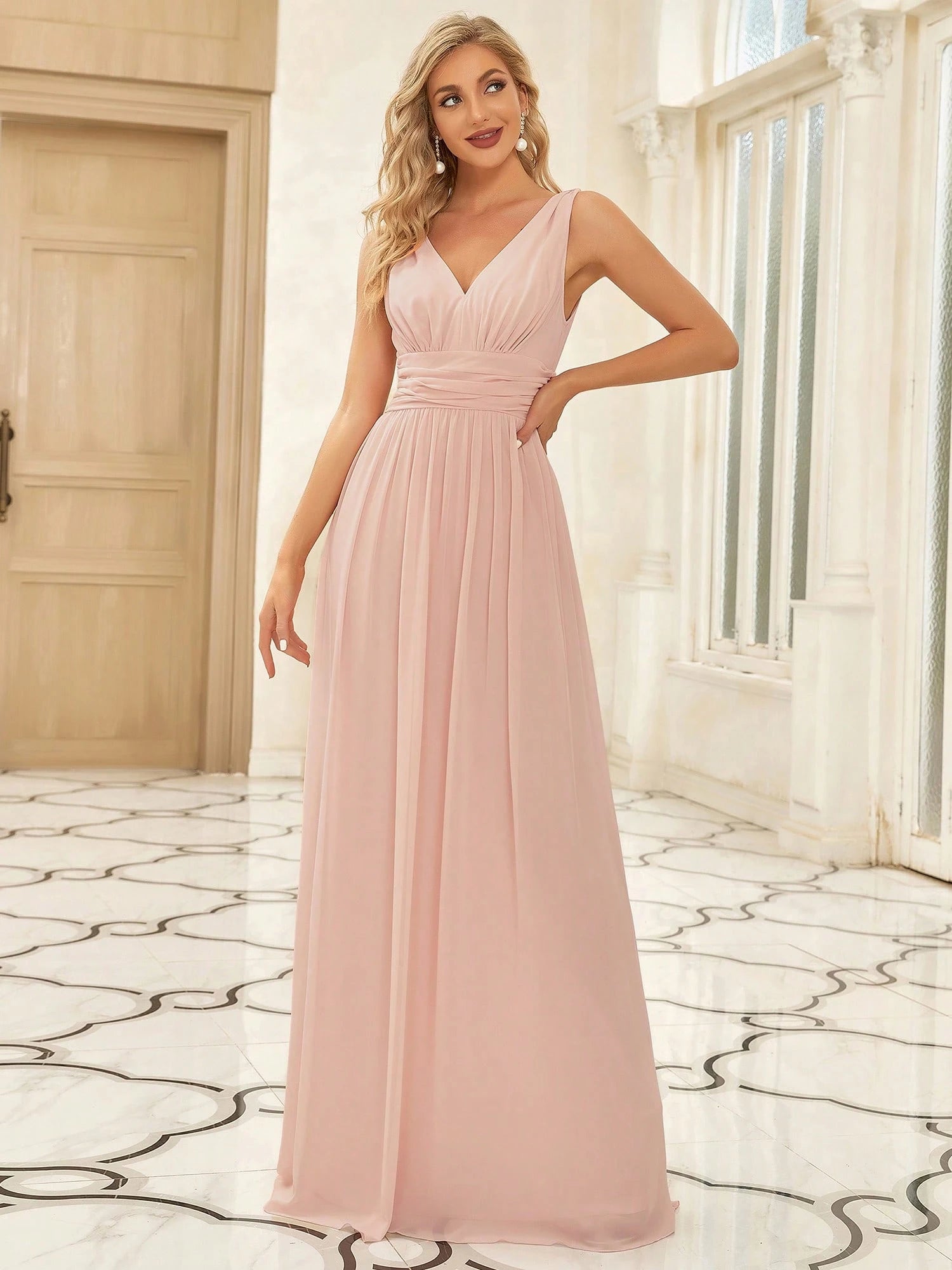 Elegant Chiffon V-Neck Sleeveless Ruched Long Black Bridesmaid Dress,