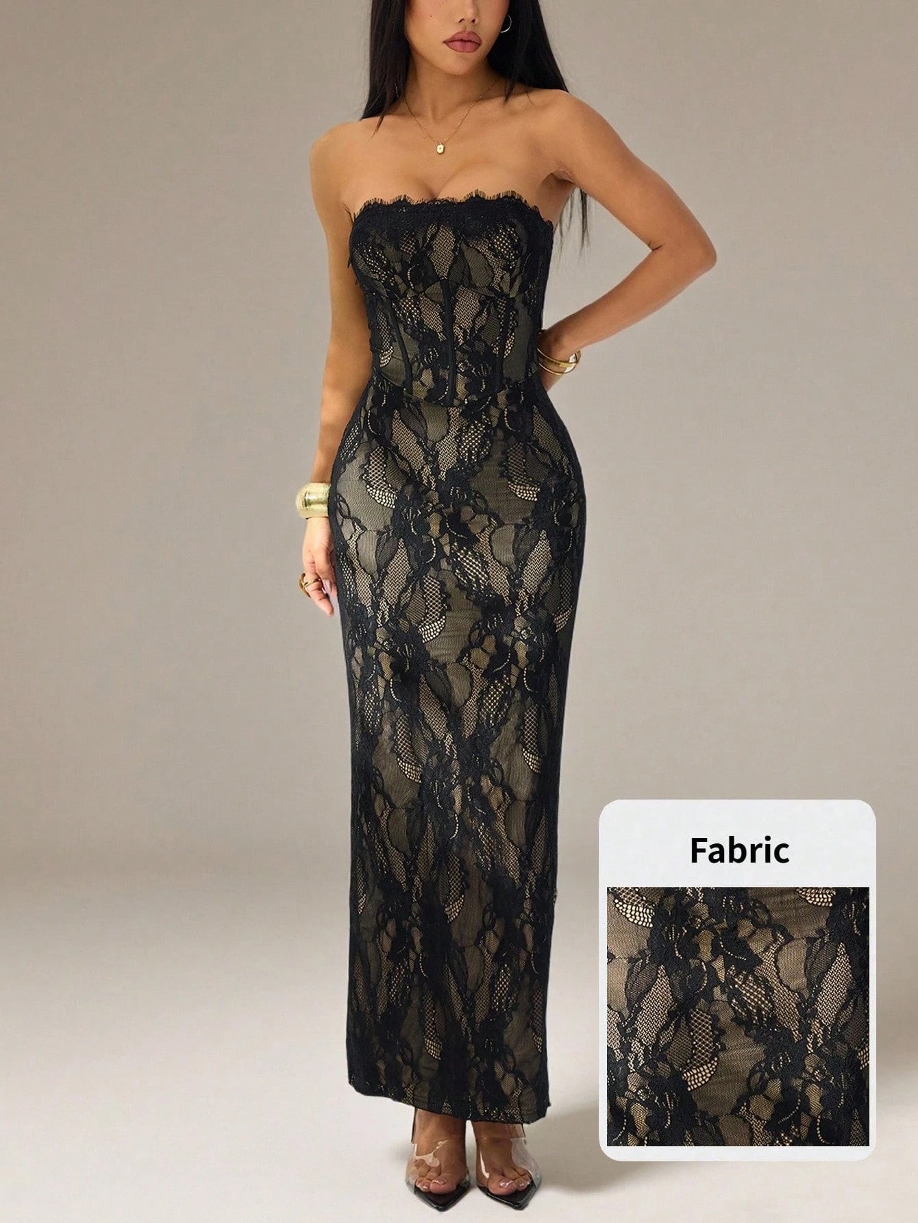 PETITE Women's Elegant Black Floral Lace Square Neck Bustier Tight