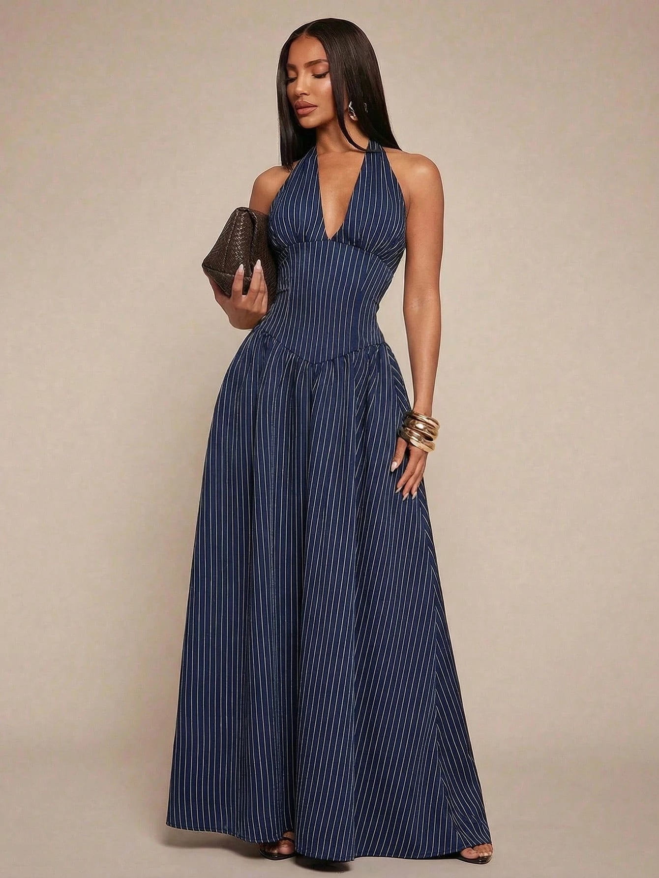 Radiana Elegant Sexy Summer Navy Blue Halter Neck Maxi Dress,Flowy