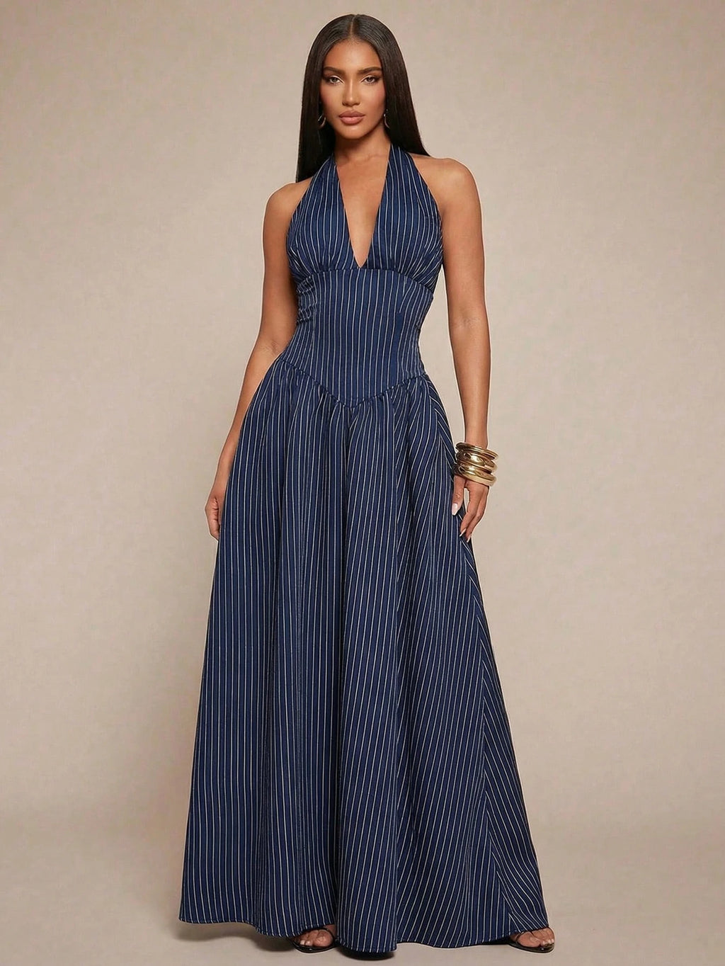 Radiana Elegant Sexy Summer Navy Blue Halter Neck Maxi Dress,Flowy