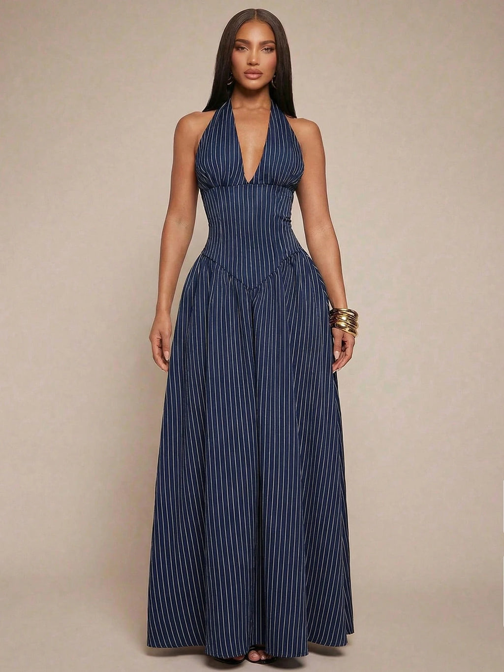 Radiana Elegant Sexy Summer Navy Blue Halter Neck Maxi Dress,Flowy