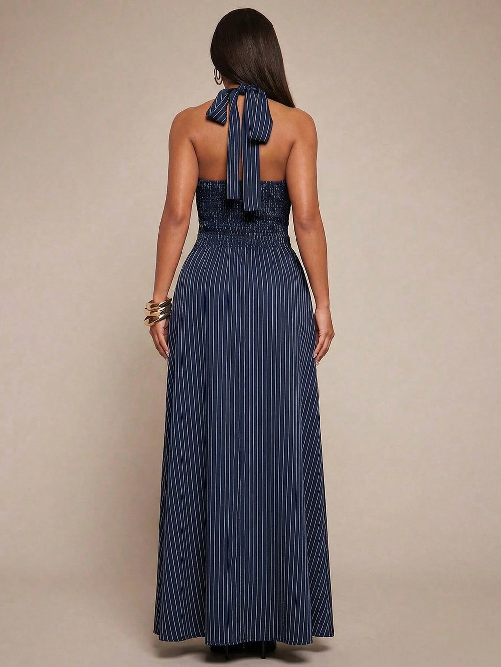 Radiana Elegant Sexy Summer Navy Blue Halter Neck Maxi Dress,Flowy