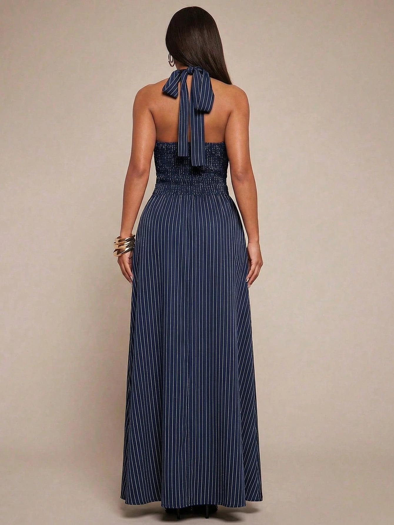 Radiana Elegant Sexy Summer Navy Blue Halter Neck Maxi Dress,Flowy