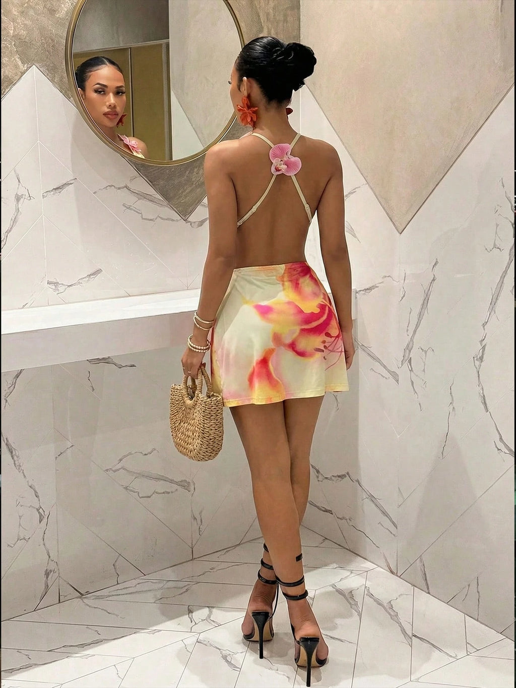 Slaydiva Summer Women's Pink Floral Backless Mini Dress,Bohemian Halter Neck 3D Flower Wrap Dress,Casual - image 3