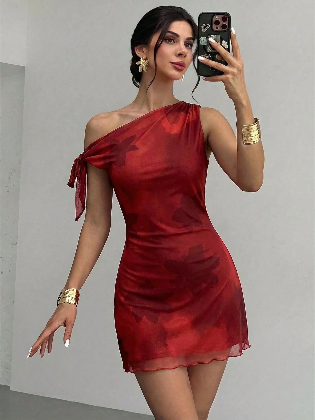 Firerie Women's Orange Red Floral Mesh Mini Dress,Summer,Girly,Holiday,Vacation Asymmetric One Shoulder - image 20