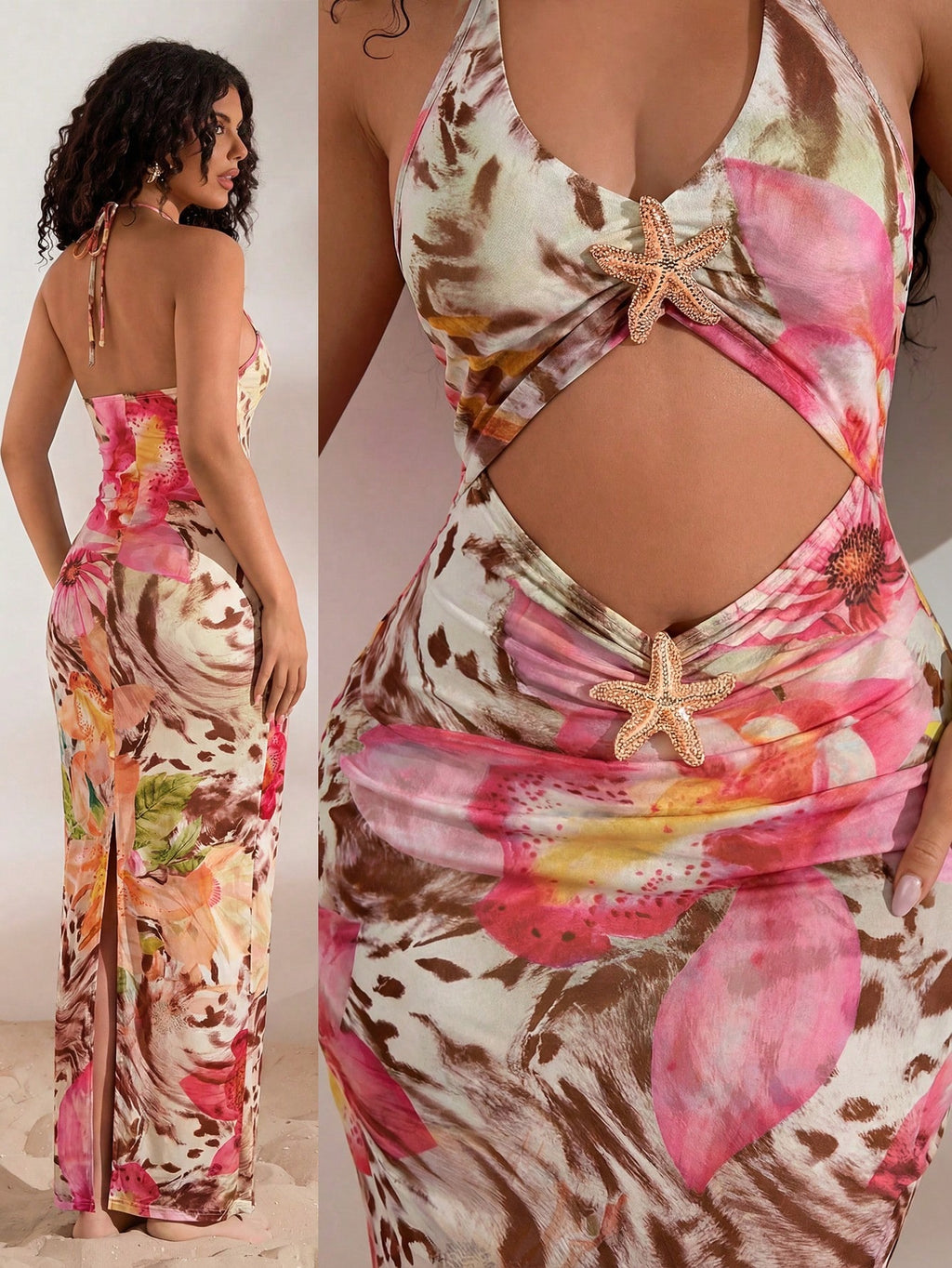 Opulessa V-Neck Halter Metal Decor Waist Cutout Back Slit Bodycon