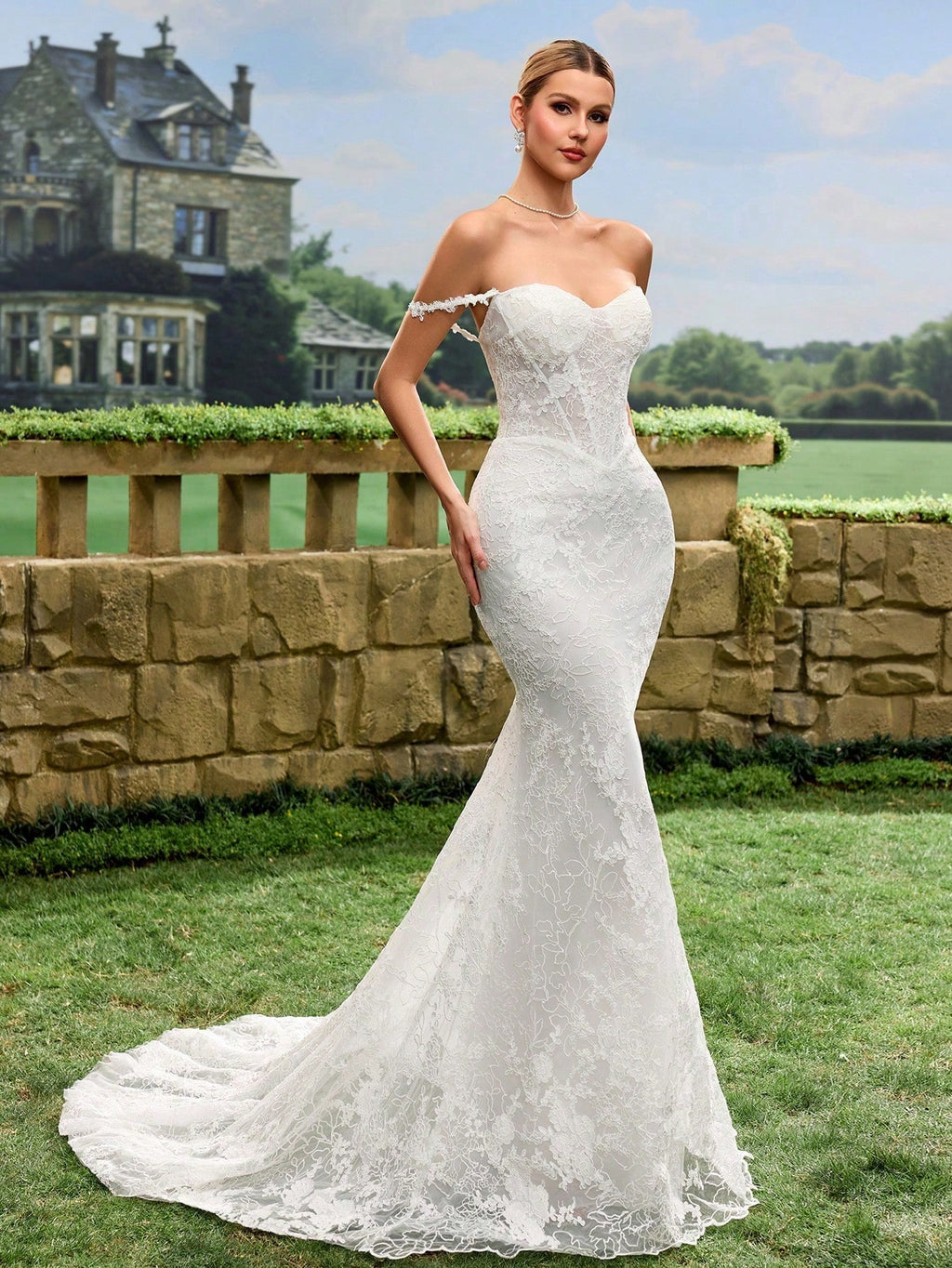 Sexy Elegant Faux Pearl Sequin Sheer Lace Mermaid Tail Backless Wedding Dress Spring White - image 6