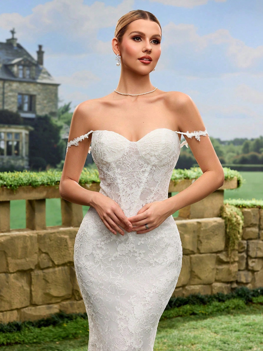 Sexy Elegant Faux Pearl Sequin Sheer Lace Mermaid Tail Backless Wedding Dress Spring White - image 3