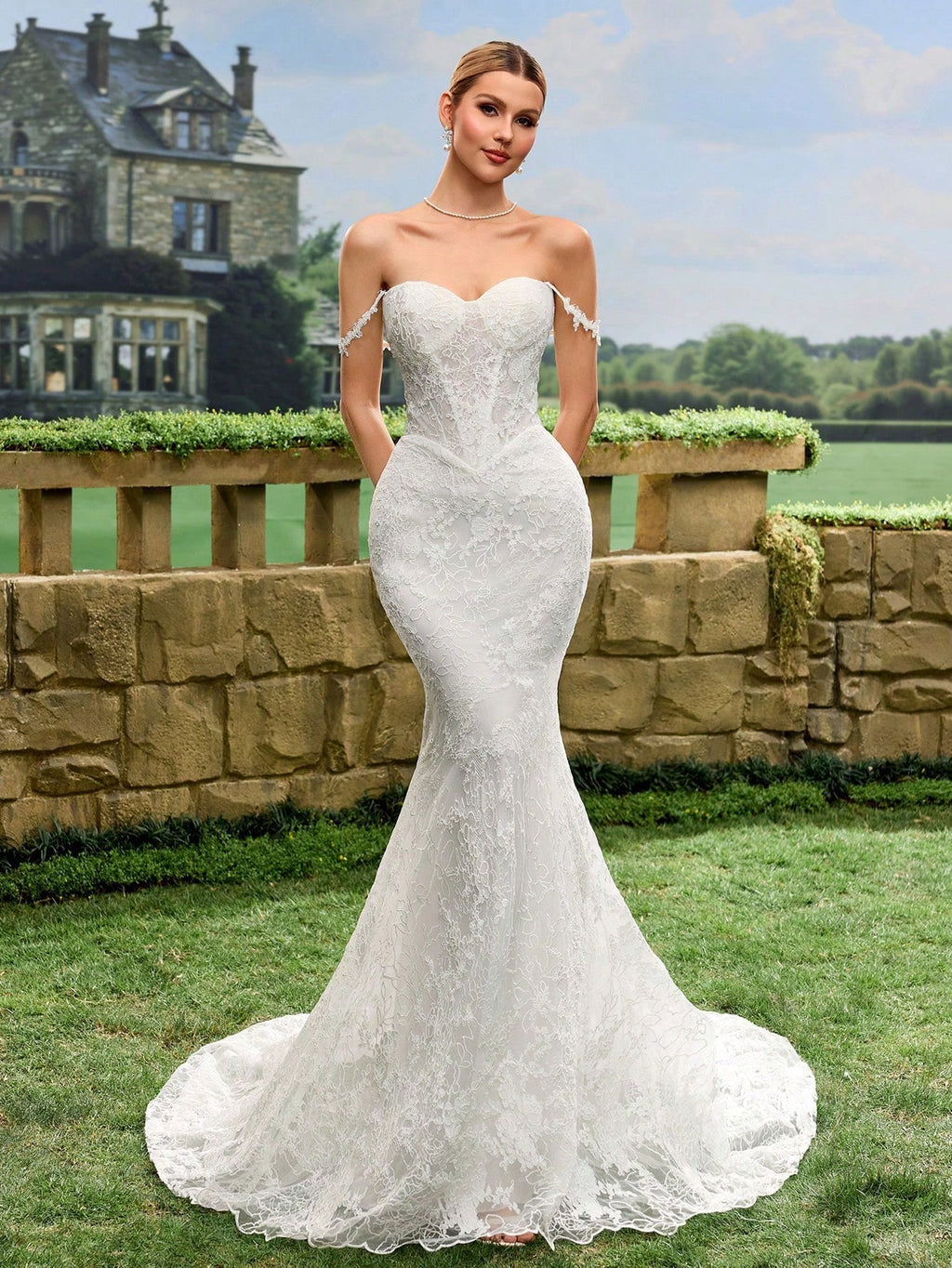 Sexy Elegant Faux Pearl Sequin Sheer Lace Mermaid Tail Backless Wedding Dress Spring White - image 9
