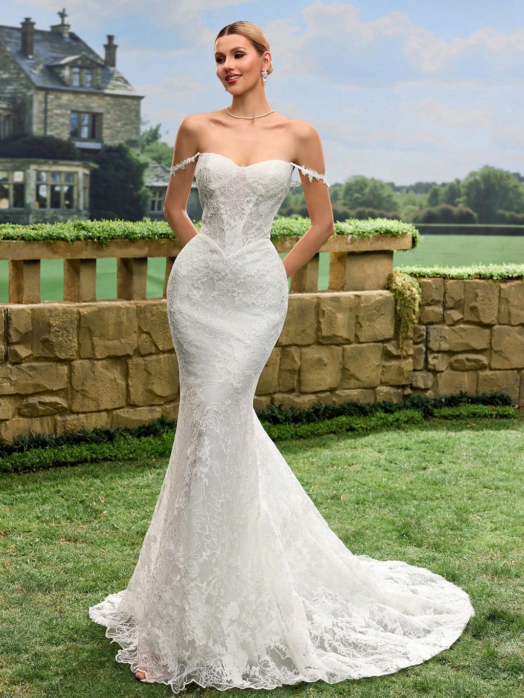 Sexy Elegant Faux Pearl Sequin Sheer Lace Mermaid Tail Backless Wedding Dress Spring White - image 2
