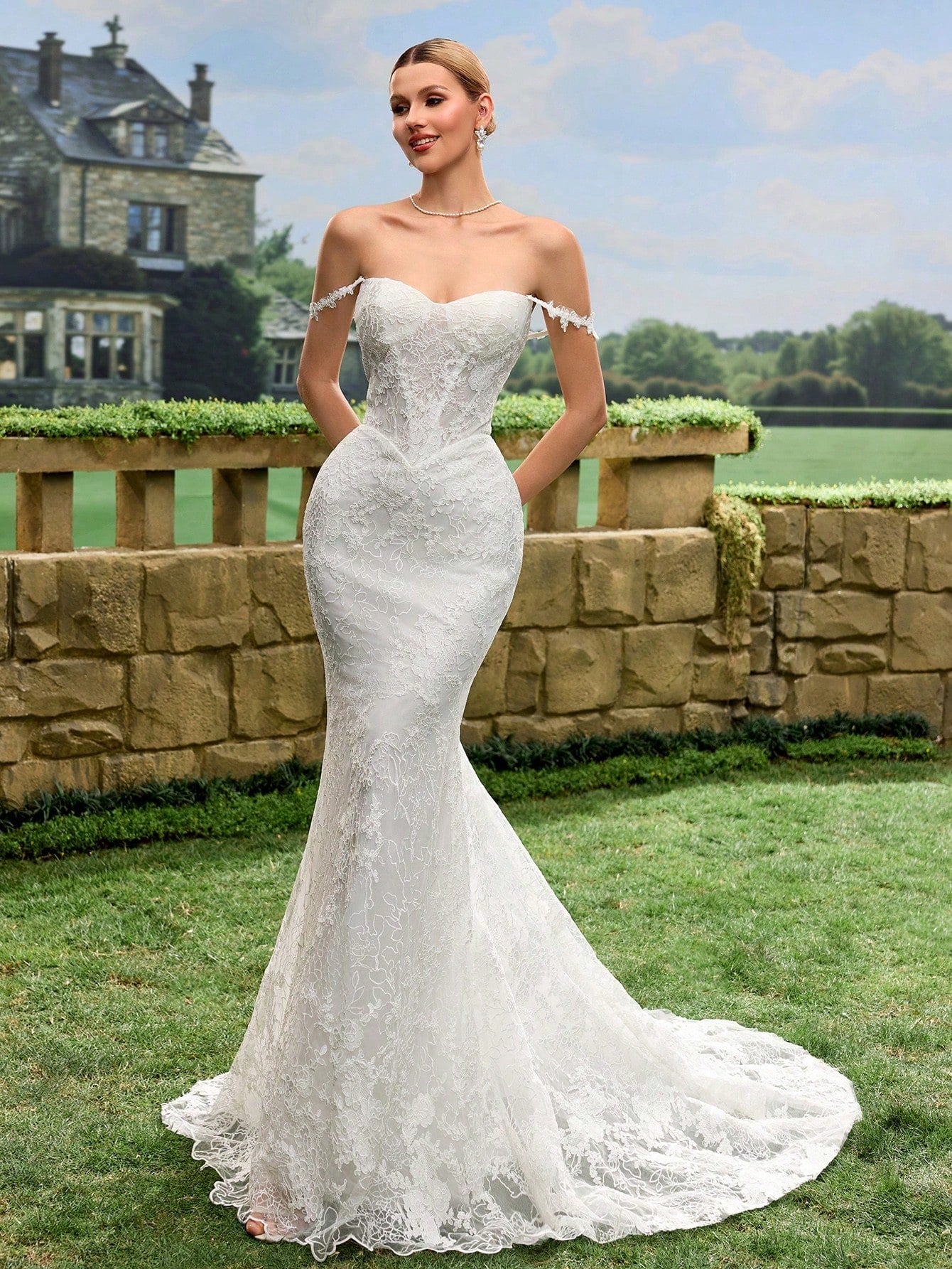 Sexy Elegant Faux Pearl Sequin Sheer Lace Mermaid Tail Backless Wedding Dress Spring White - image 2