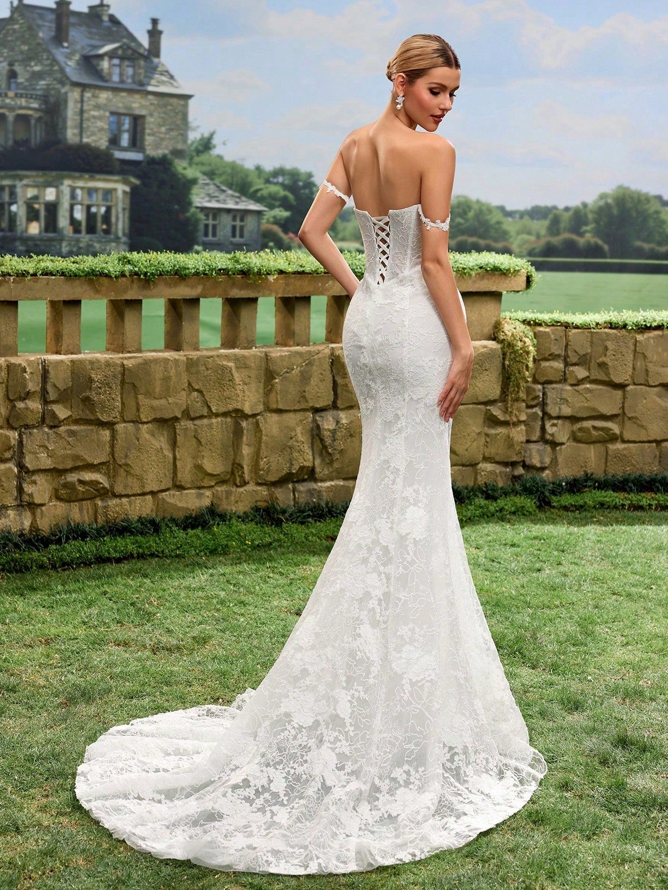Sexy Elegant Faux Pearl Sequin Sheer Lace Mermaid Tail Backless Wedding Dress Spring White - image 7
