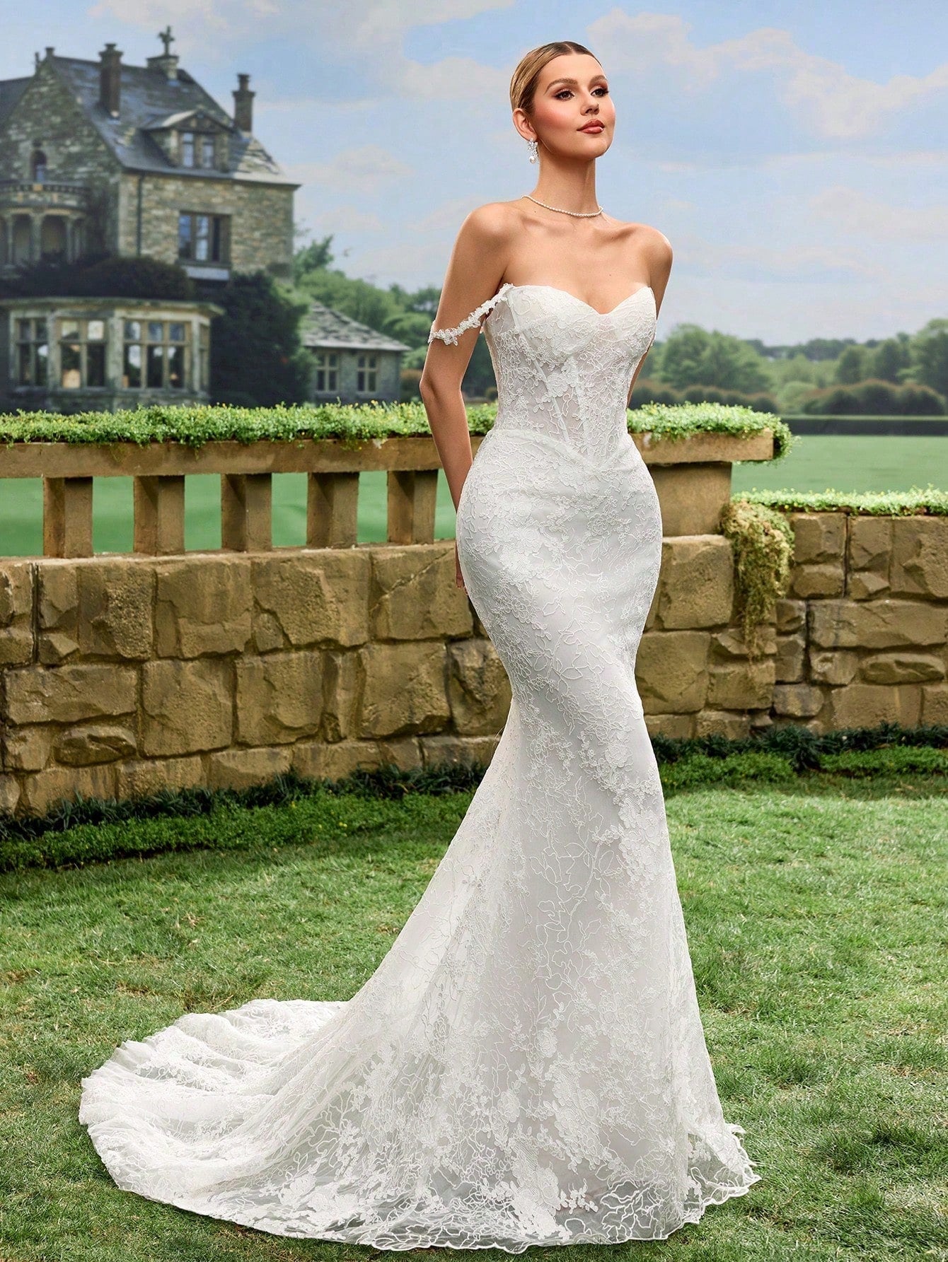 Sexy Elegant Faux Pearl Sequin Sheer Lace Mermaid Tail Backless Wedding Dress Spring White - image 5