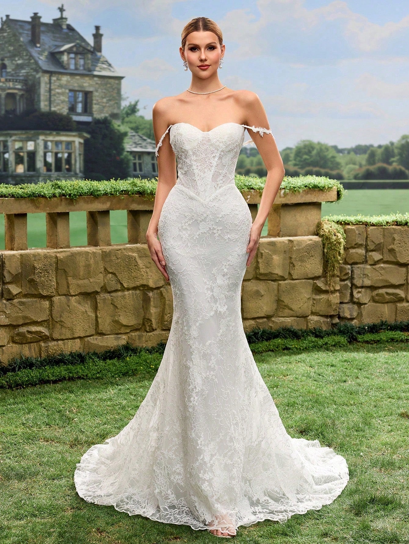 Sexy Elegant Faux Pearl Sequin Sheer Lace Mermaid Tail Backless Wedding Dress Spring White - image 8