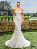 Sexy Elegant Faux Pearl Sequin Sheer Lace Mermaid Tail Backless Wedding Dress Spring White