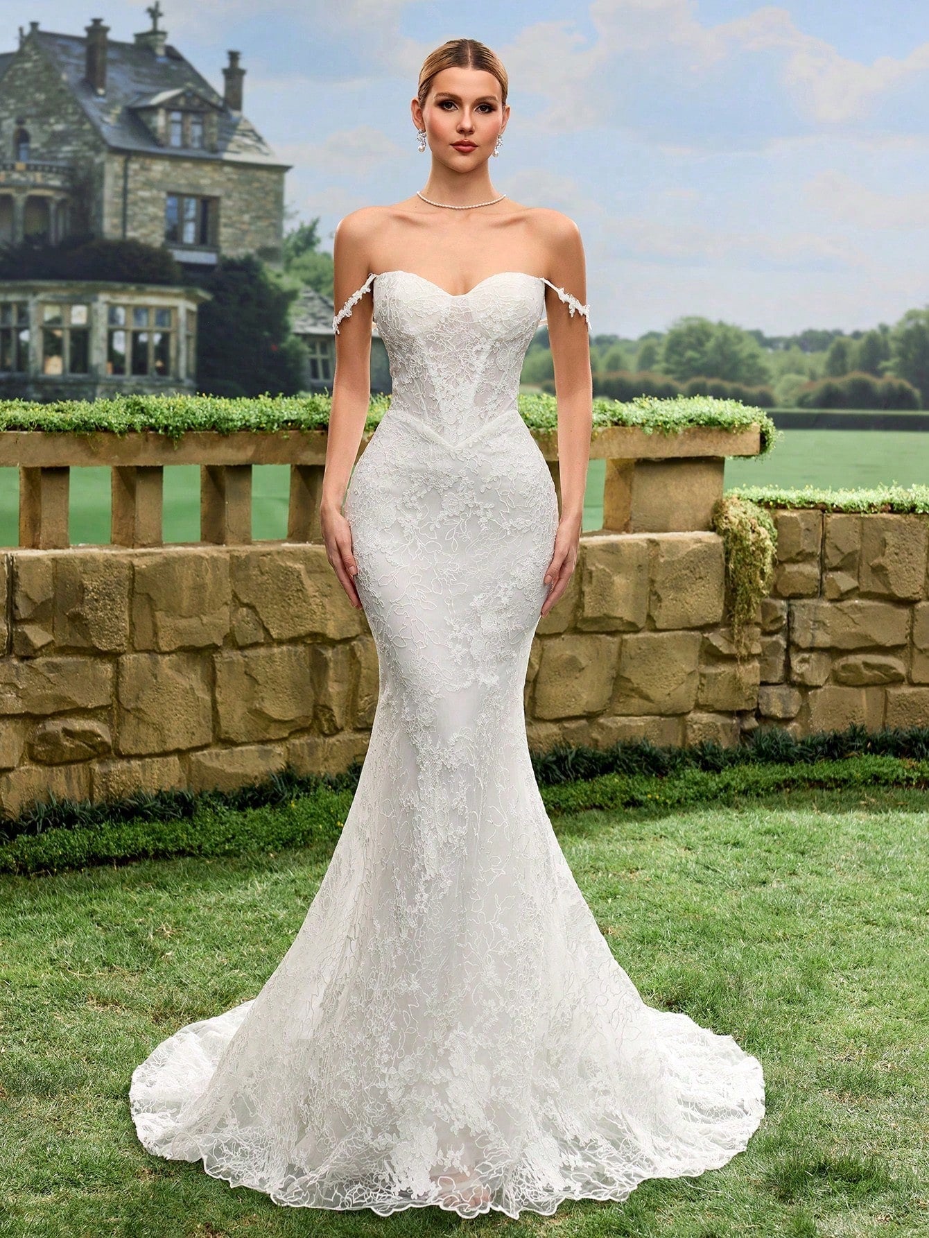 Sexy Elegant Faux Pearl Sequin Sheer Lace Mermaid Tail Backless Wedding Dress Spring White