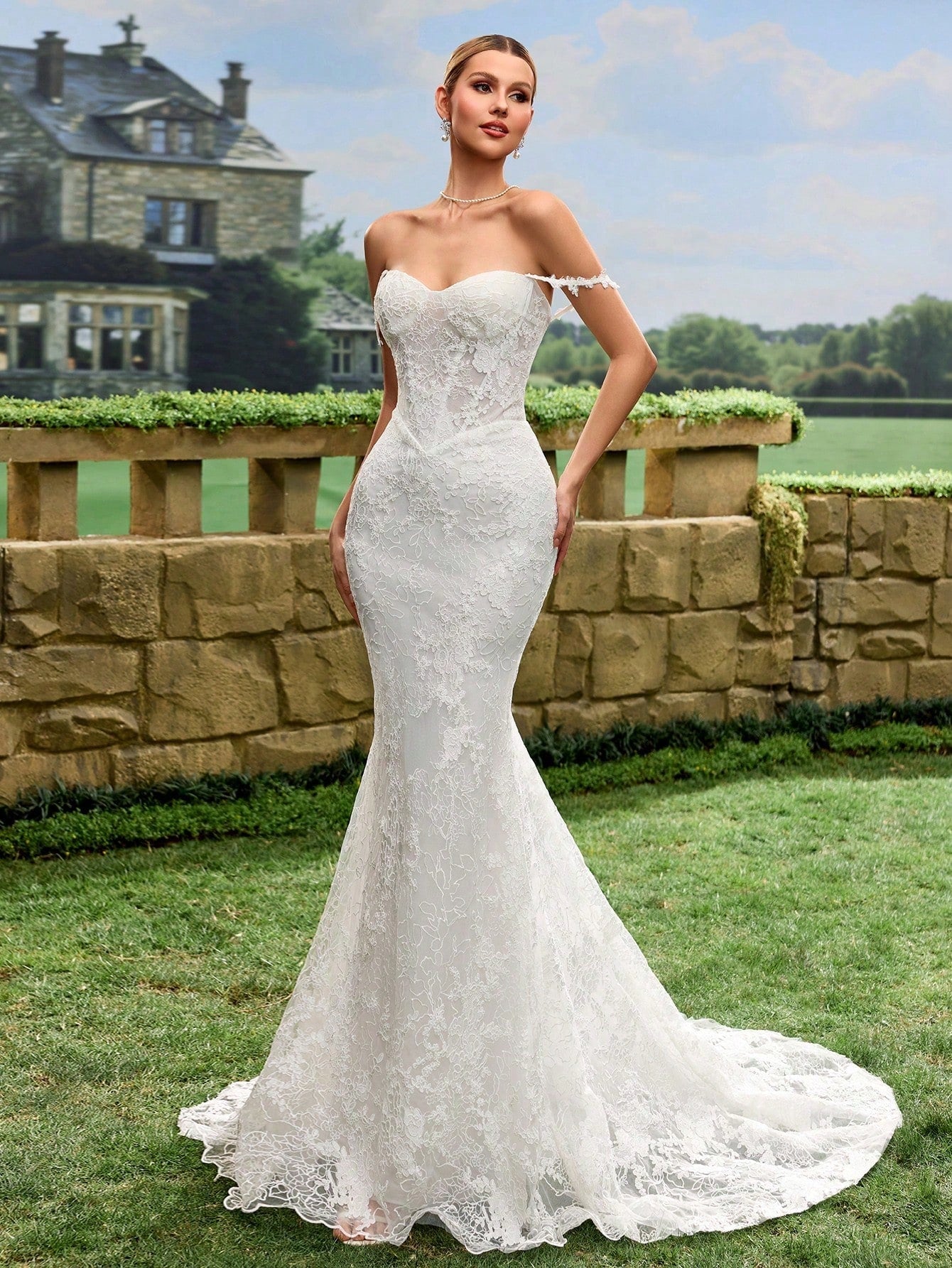 Sexy Elegant Faux Pearl Sequin Sheer Lace Mermaid Tail Backless Wedding Dress Spring White - image 4