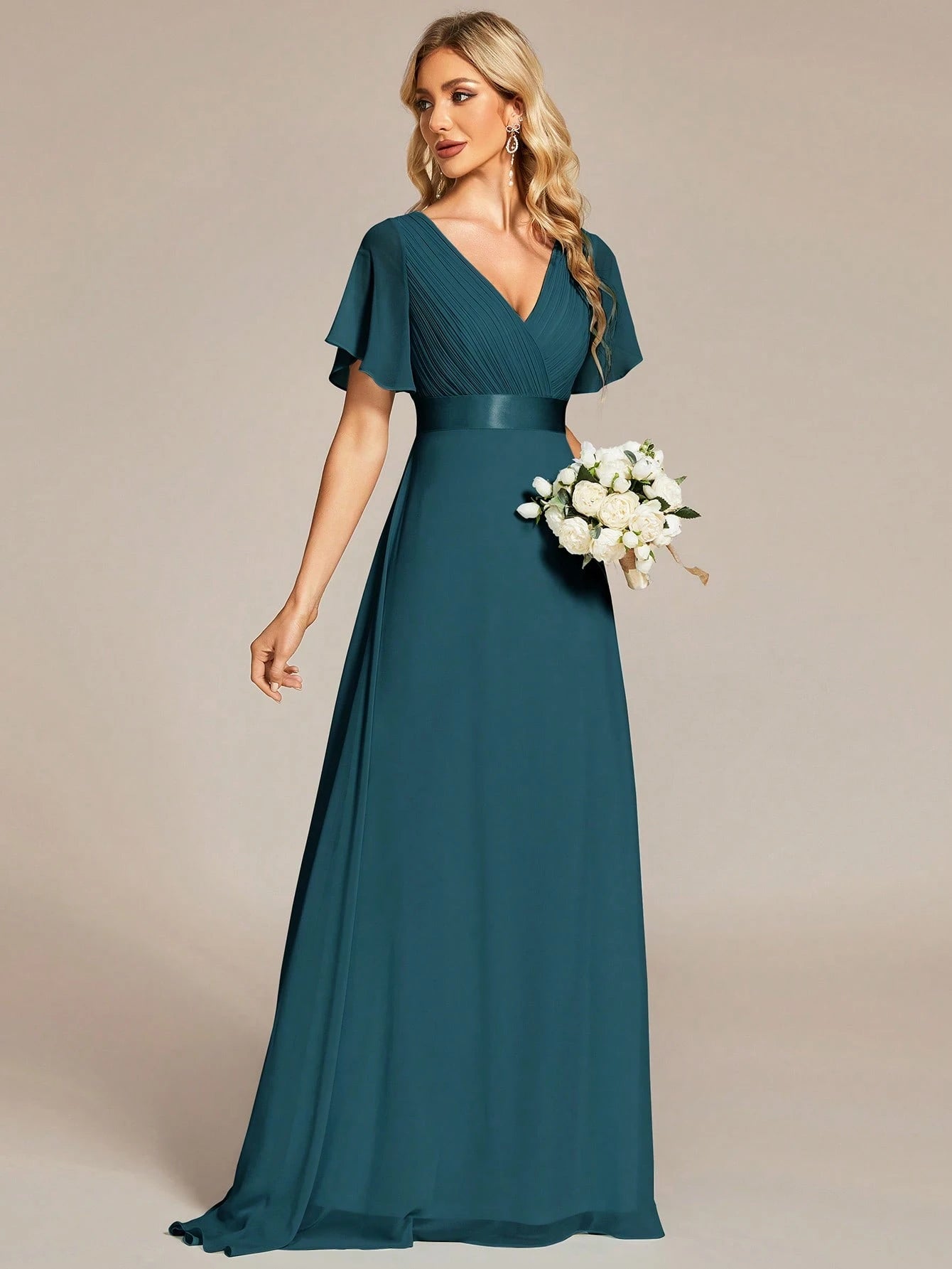 EVERPRETTY Elegant V-Neck Ruffle Butterfly Sleeve Pink Bridesmaid