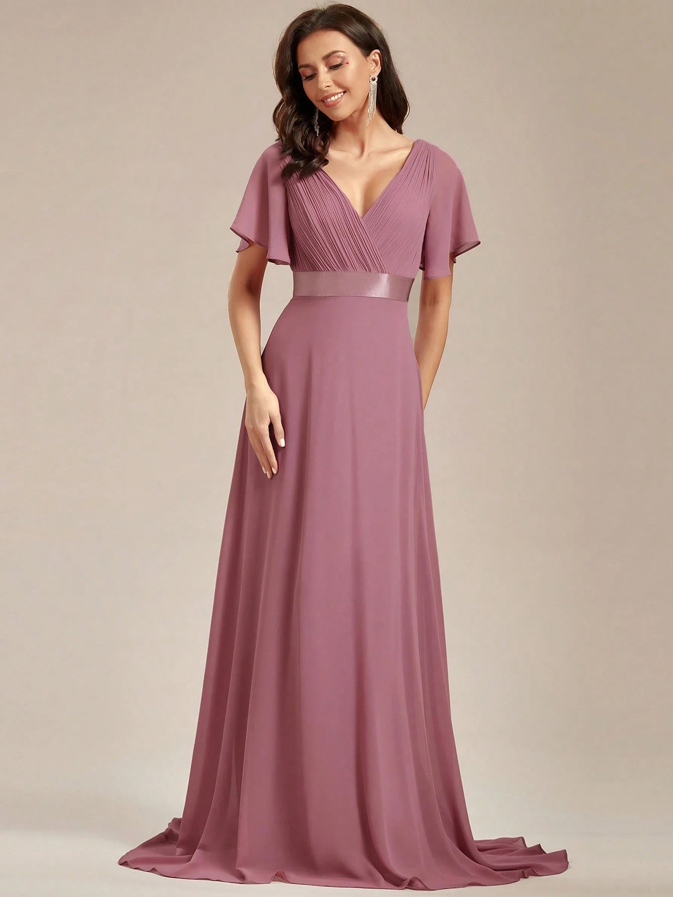 EVERPRETTY Elegant V-Neck Ruffle Butterfly Sleeve Pink Bridesmaid