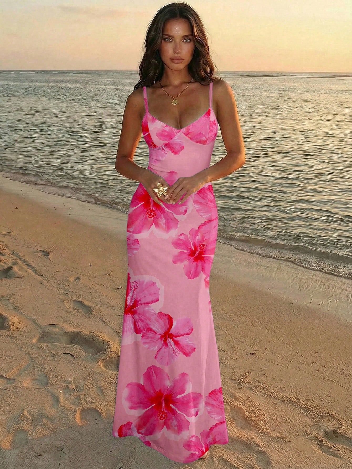 Aloruh Vacation Spaghetti Strap Tie-Up Bodycon Printed Dress For